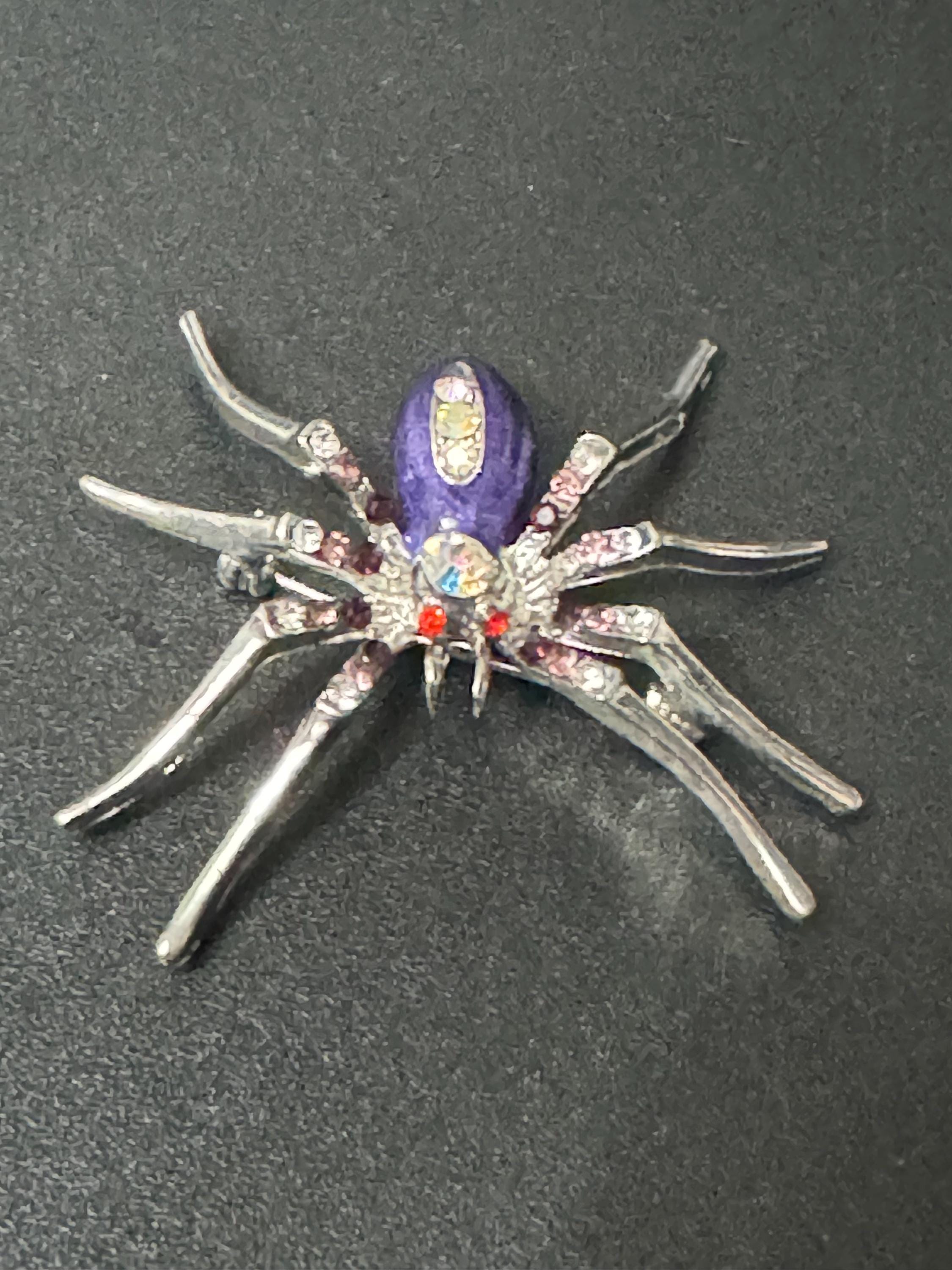 vintage silver tone spider brooch, AB diamanté rhinestones