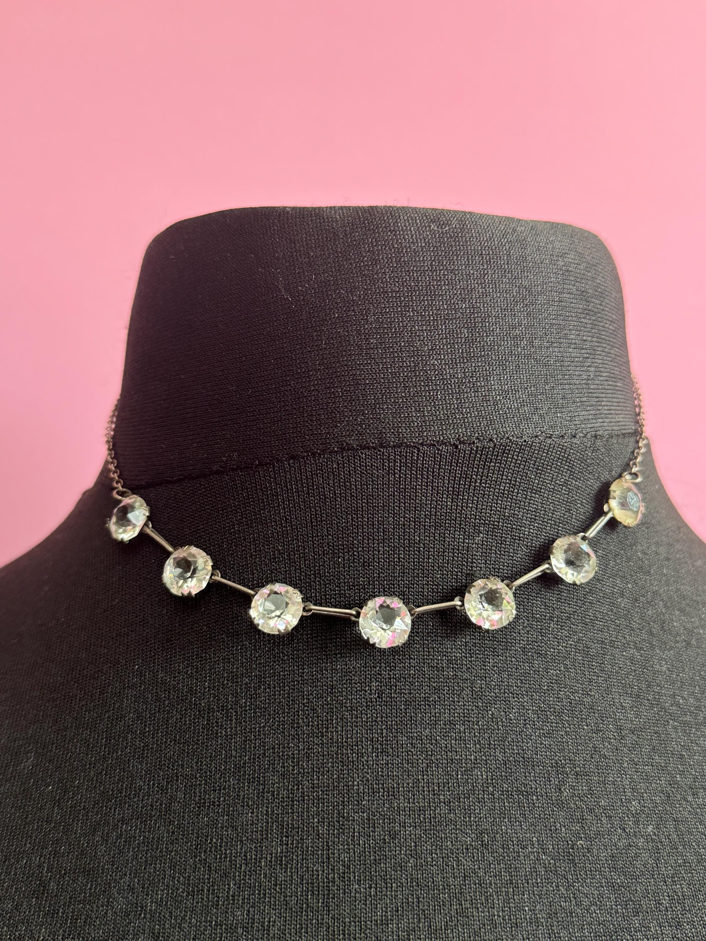 Antique Art Deco Czech black Crystal Necklace - Sterling Silver 1920s Bridal Jewelry