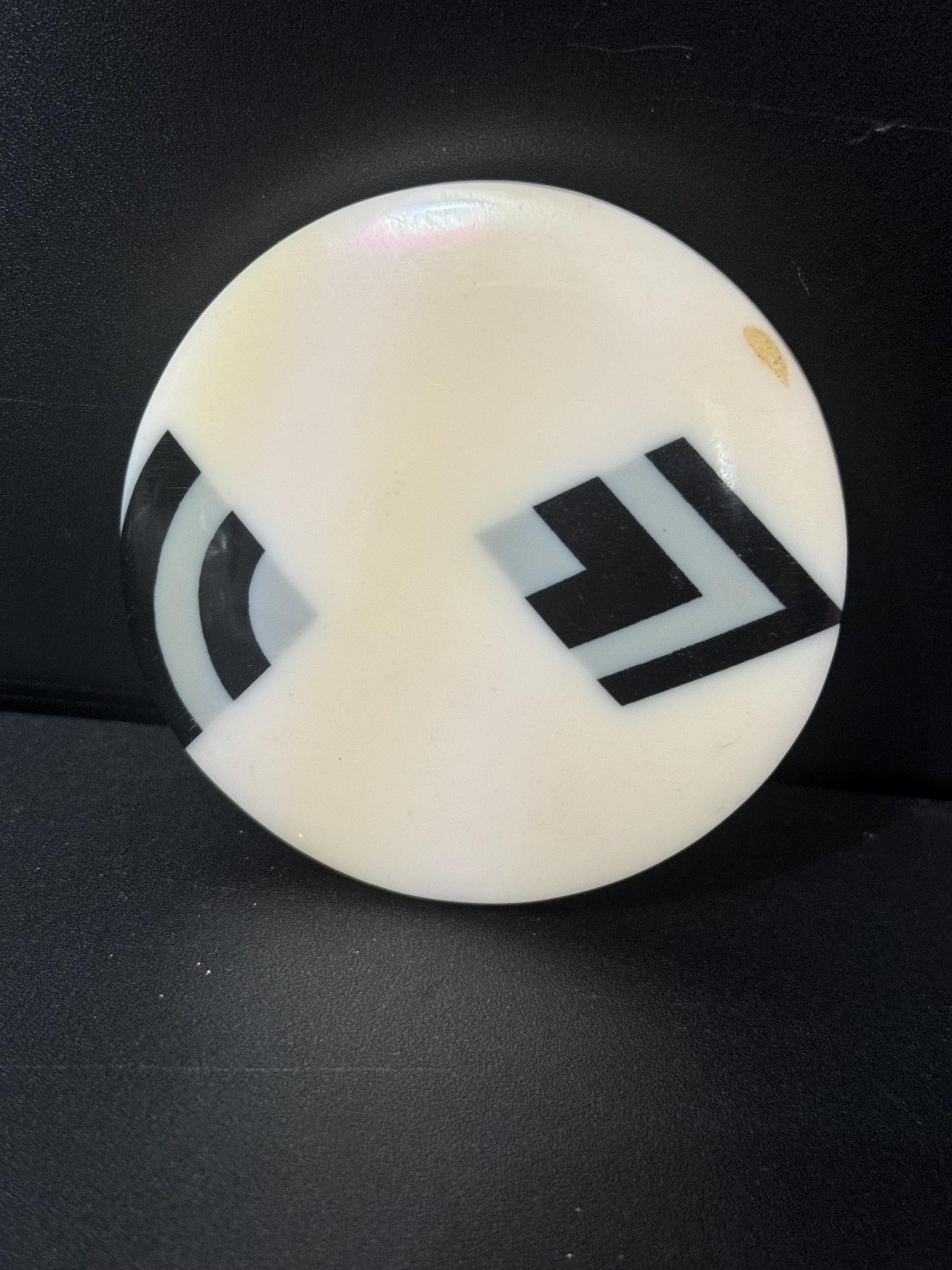 Oversized 6cm Art Deco large round disc cream black and silver geometric brooch , early plastic