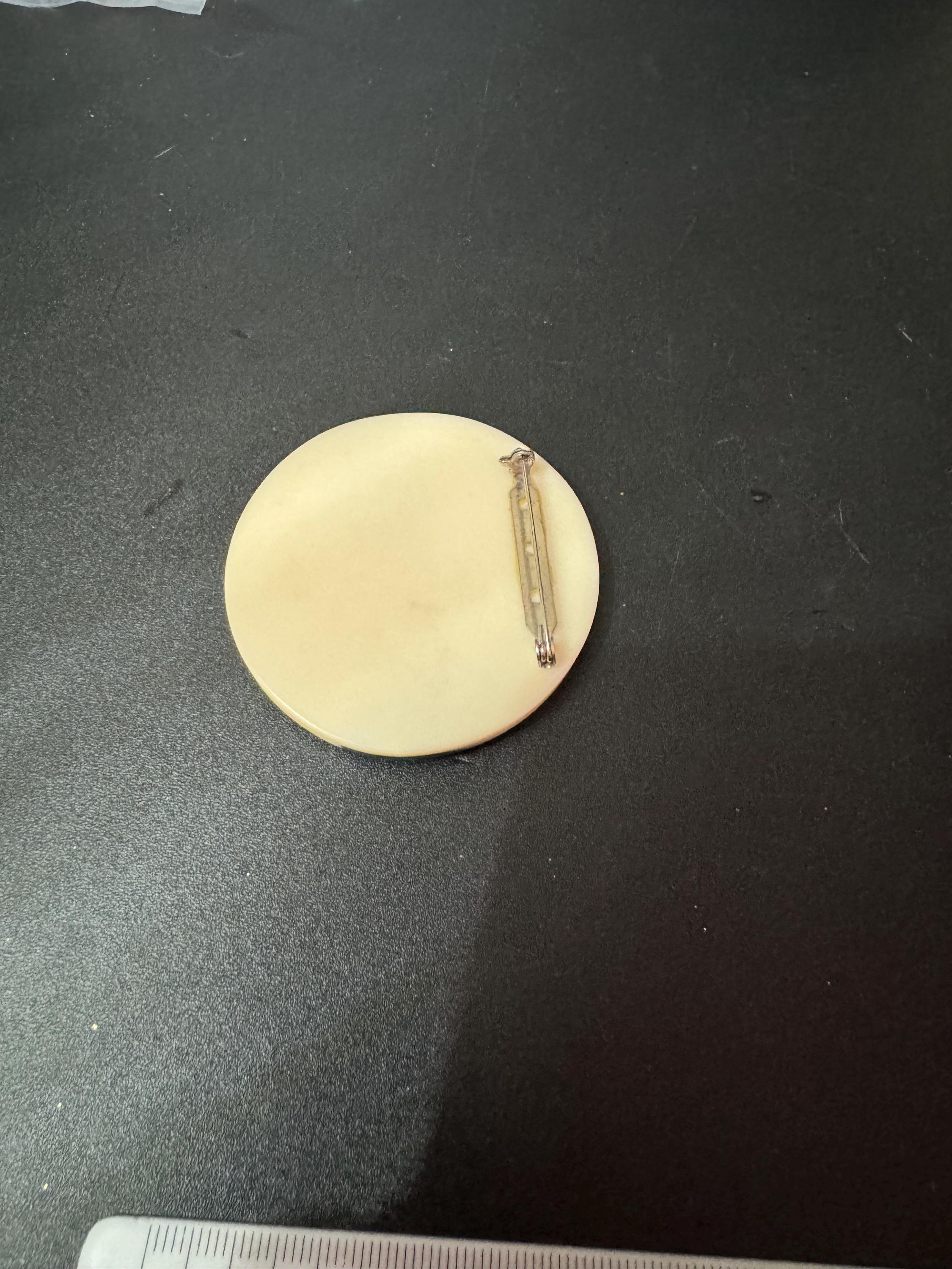 Oversized 6cm Art Deco large round disc cream black and silver geometric brooch , early plastic