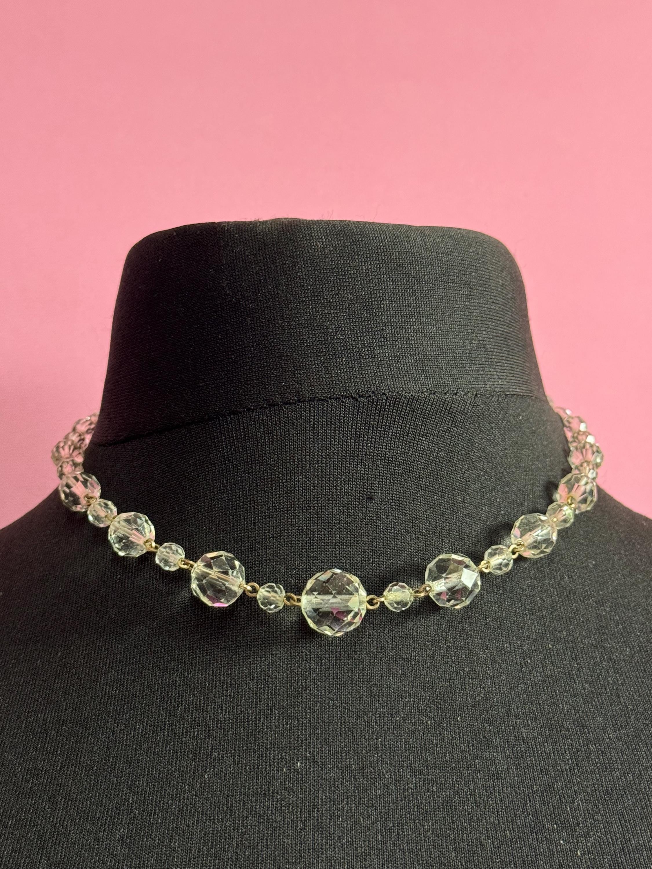 Vintage faceted clear crystal round beaded necklace 43cm art deco