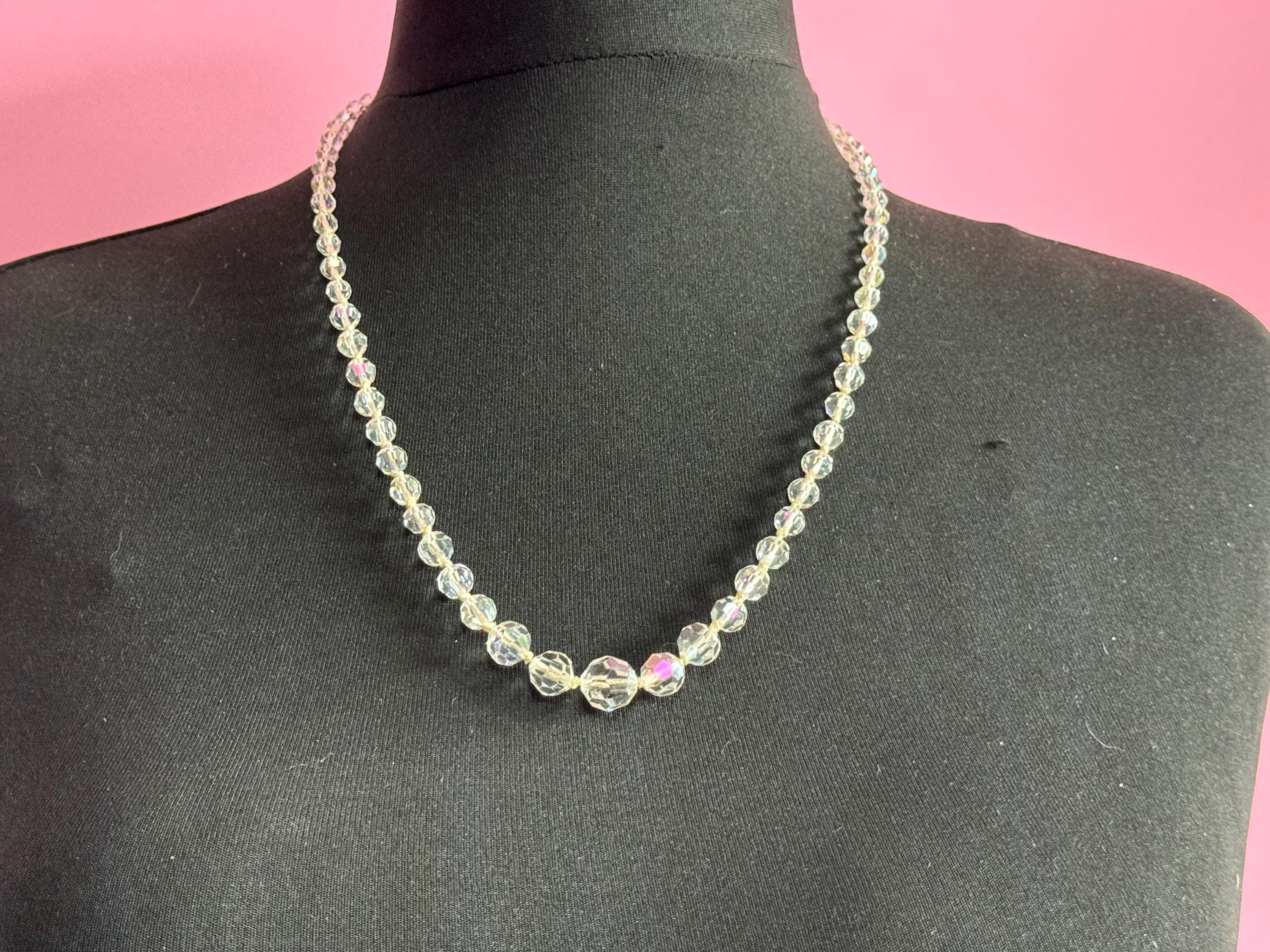 Vintage faceted clear crystal round beaded necklace 64cm art deco as found