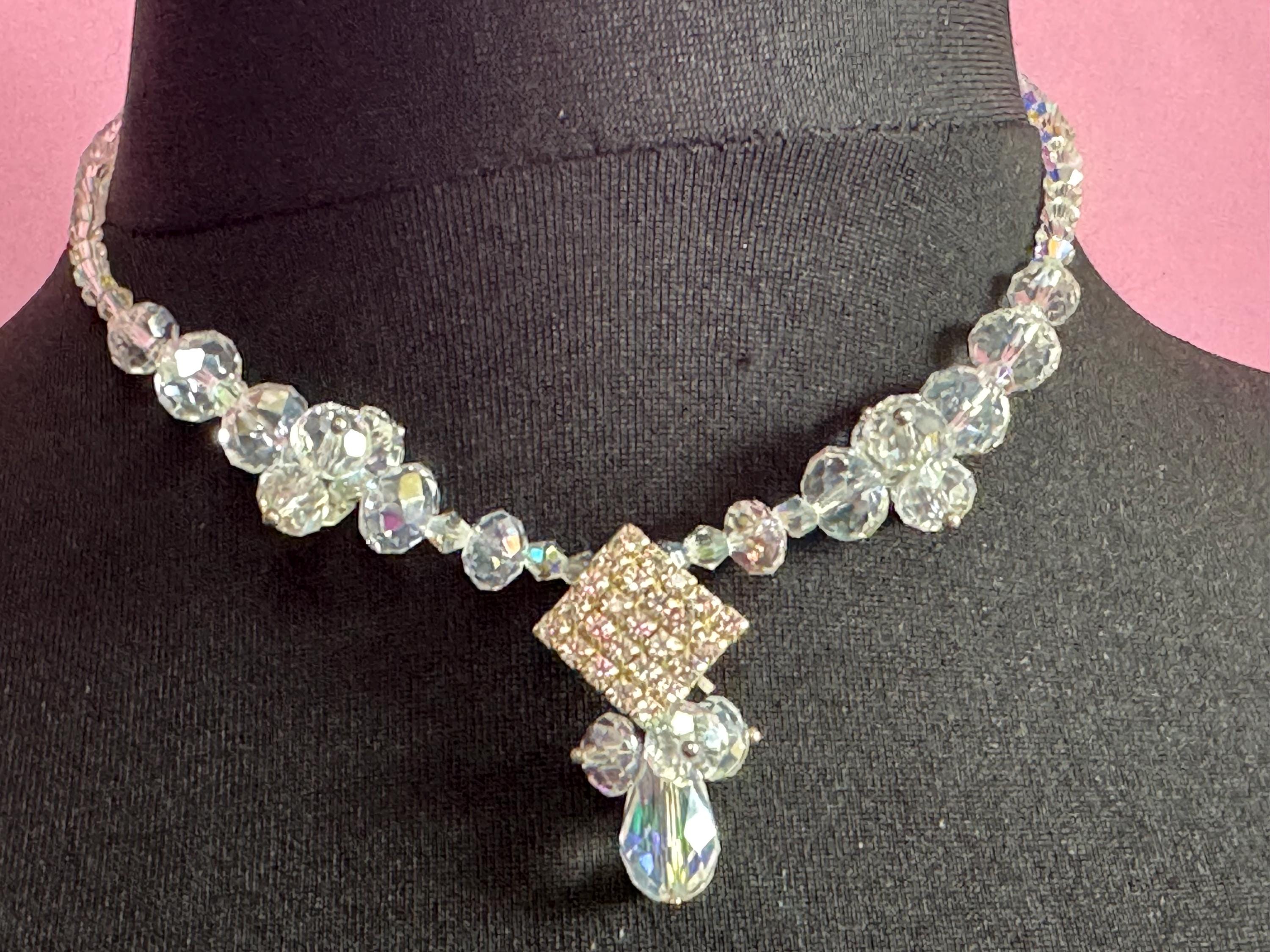 Retro faceted glass single strand bicone beaded clear diamanté crystal drop necklace