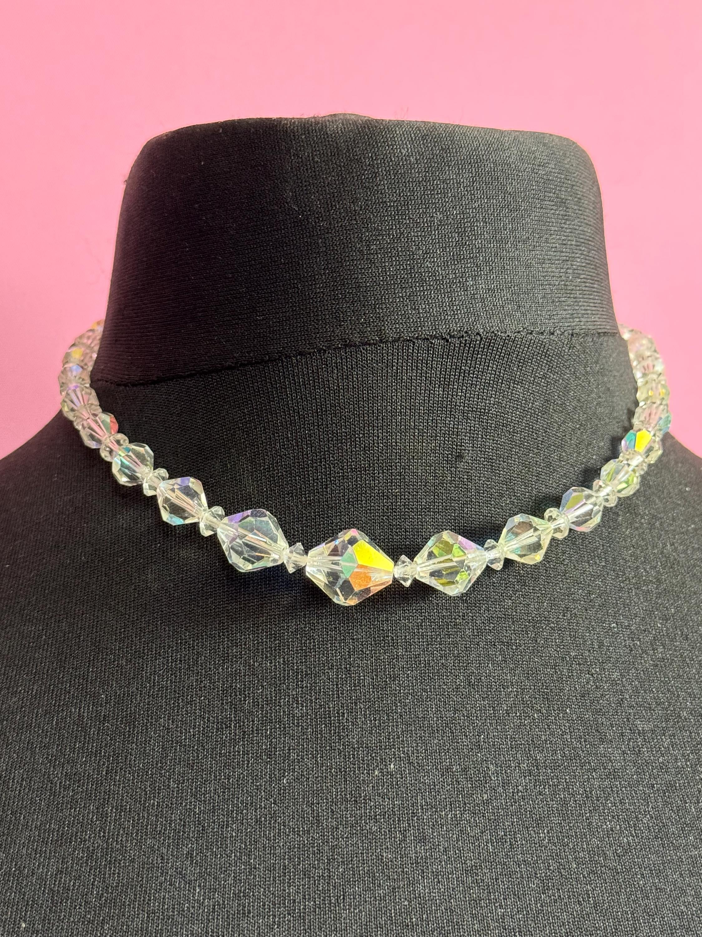 mid century faceted glass single strand bicone beaded clear diamanté crystal necklace