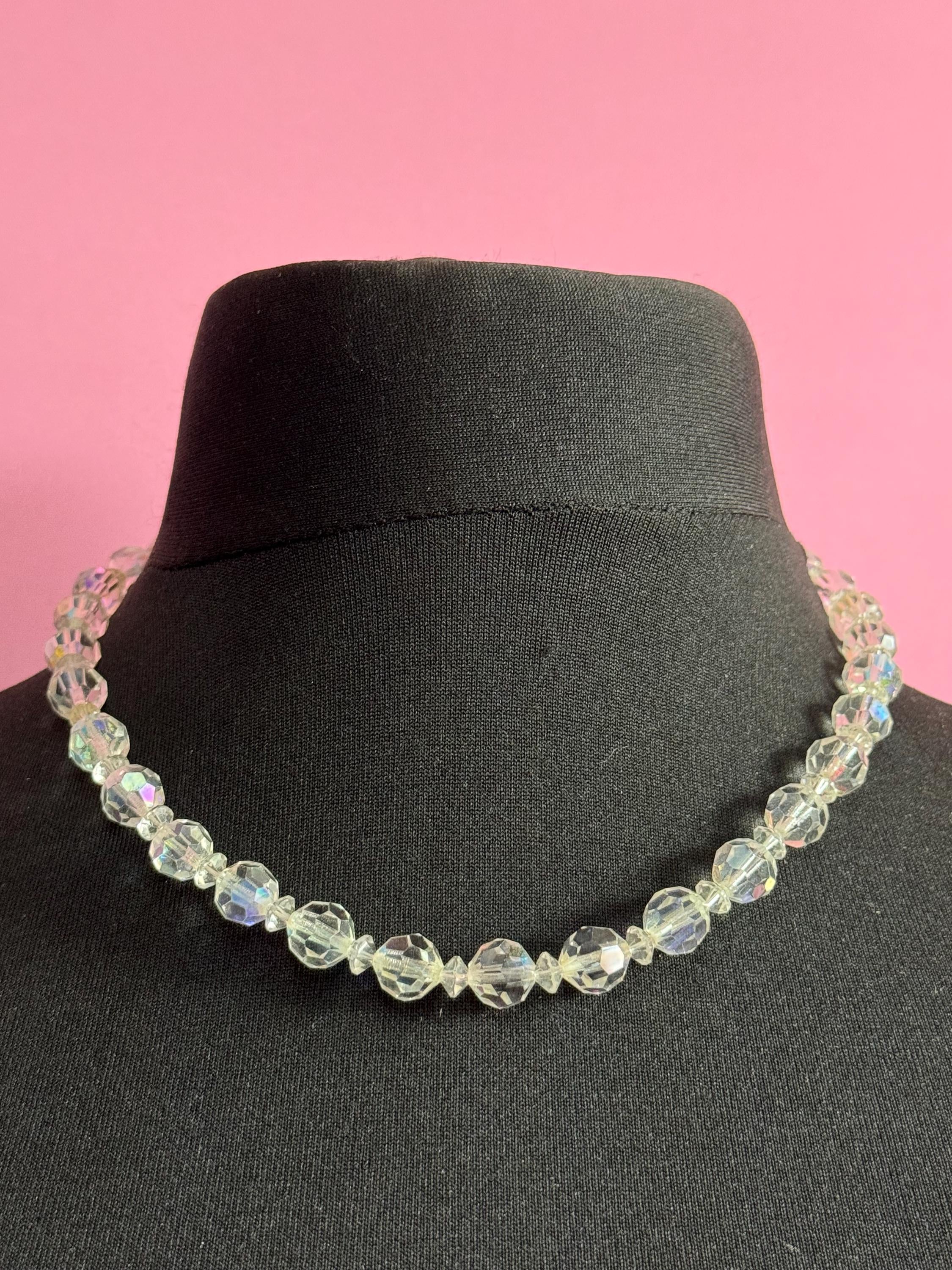 Art Deco clear AB Aurora borealis glass Crystal beaded necklace choker mid century 49cm