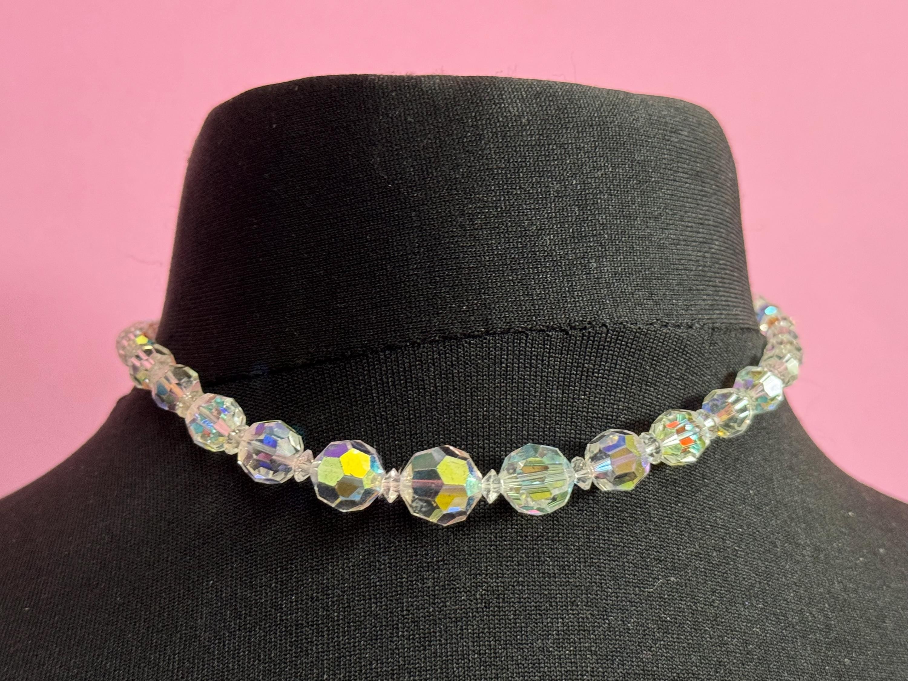 Art Deco clear AB Aurora borealis glass Crystal beaded necklace choker 41cm