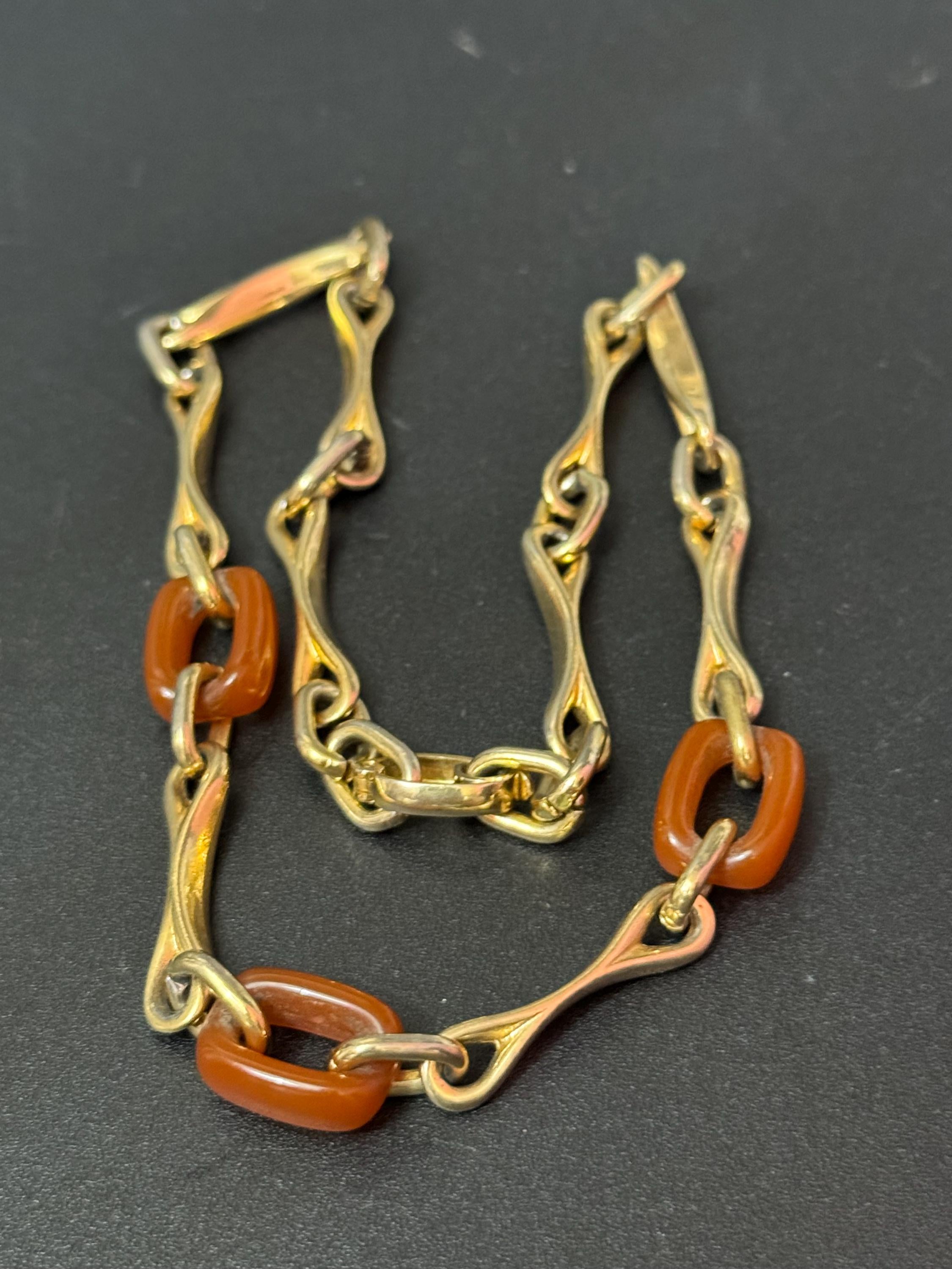 1974 signed GROSSE Designer vintage petite 41cm short gold tone and brown acrylic chain link necklace