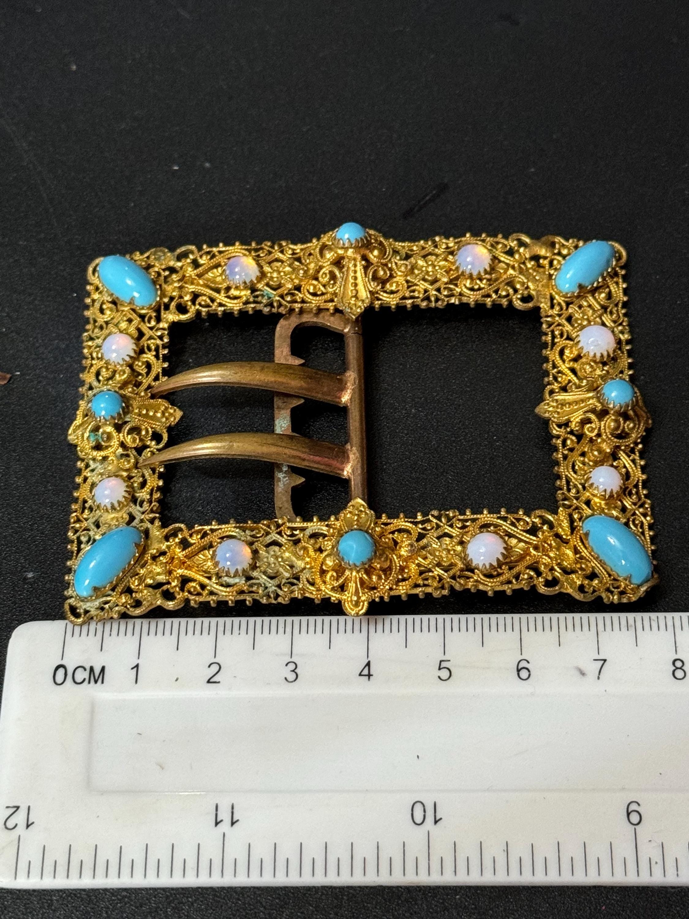 2 prong turquoise opaline brass Belt Buckle Haberdashery Antique Art Nouveau