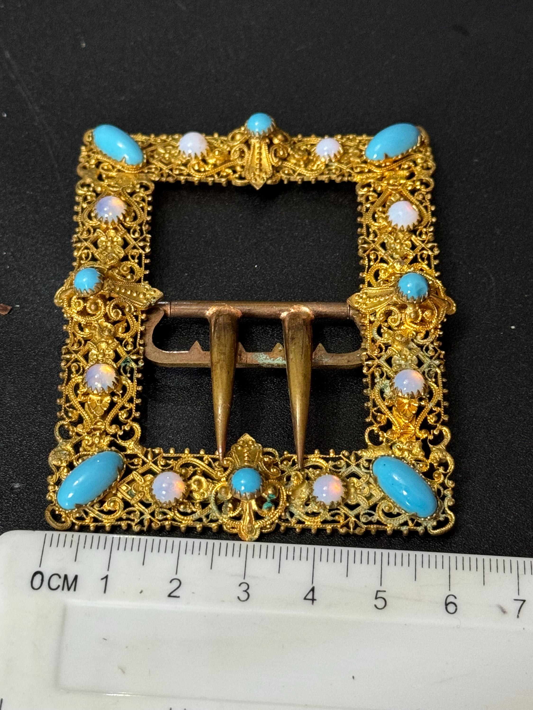 2 prong turquoise opaline brass Belt Buckle Haberdashery Antique Art Nouveau