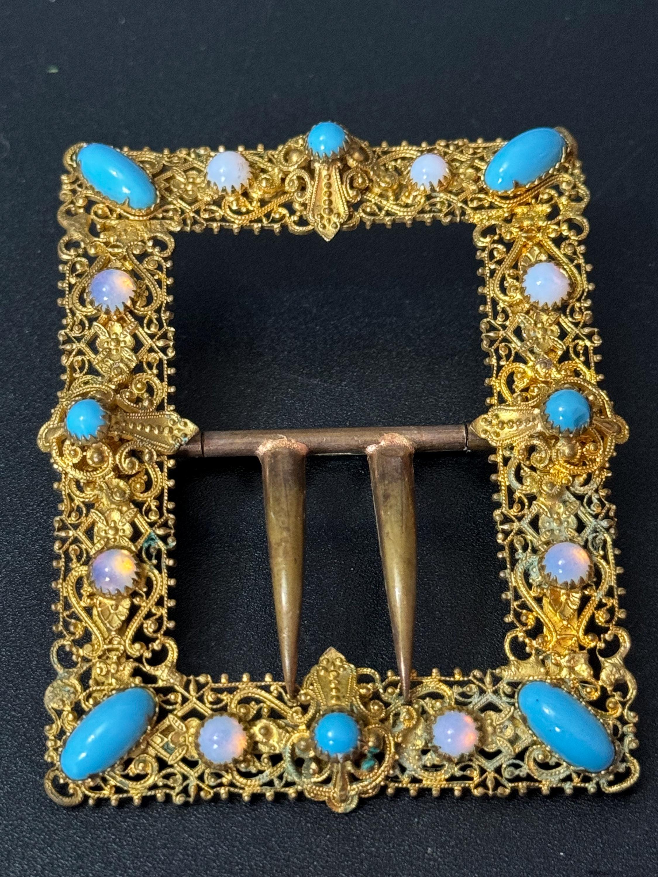 2 prong turquoise opaline brass Belt Buckle Haberdashery Antique Art Nouveau