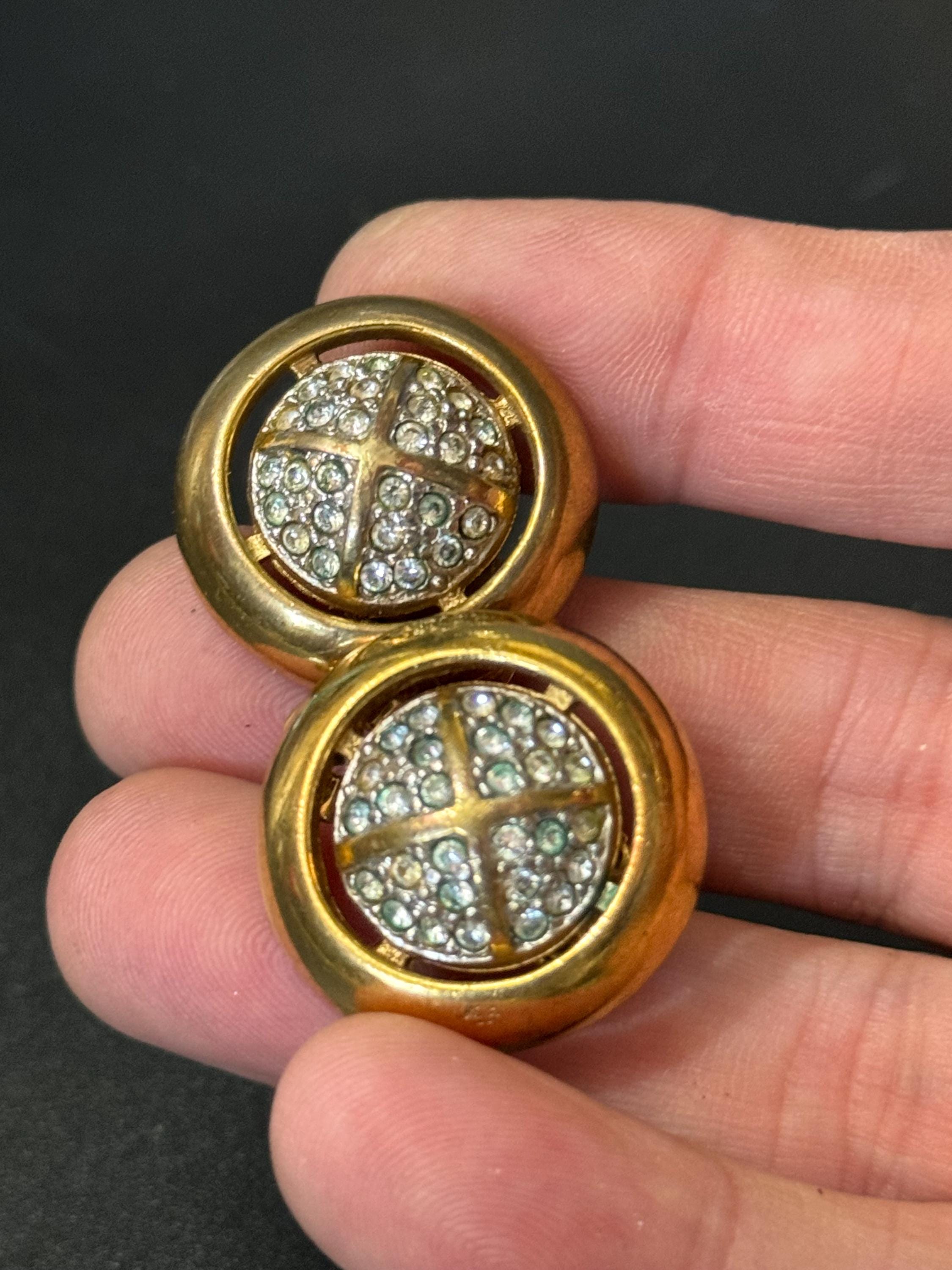 gold tone round Clip On Earrings, Clear Diamanté paste