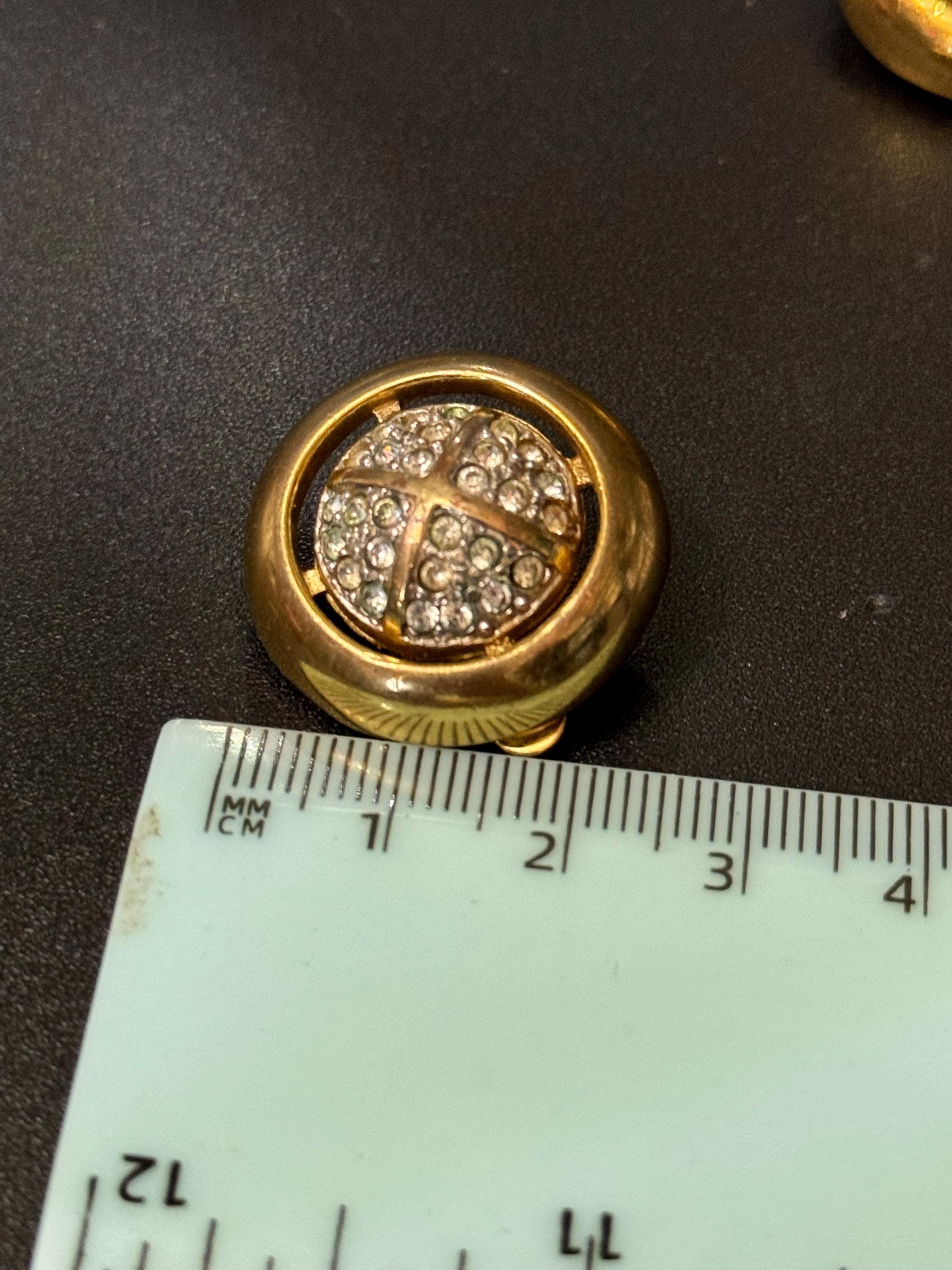 gold tone round Clip On Earrings, Clear Diamanté paste