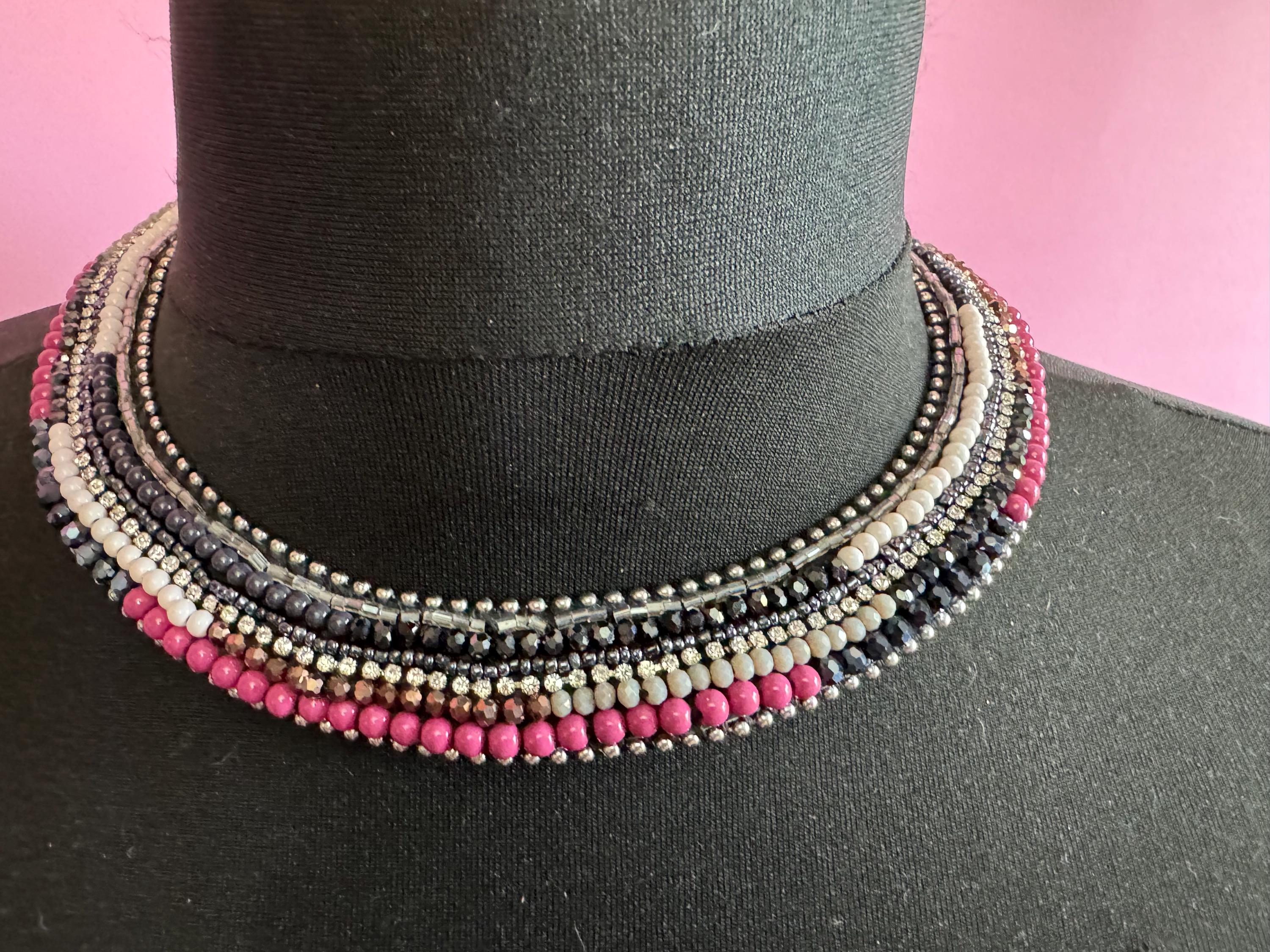 Retro black white purple and silver beaded Egyptian choker necklace with clear crystals