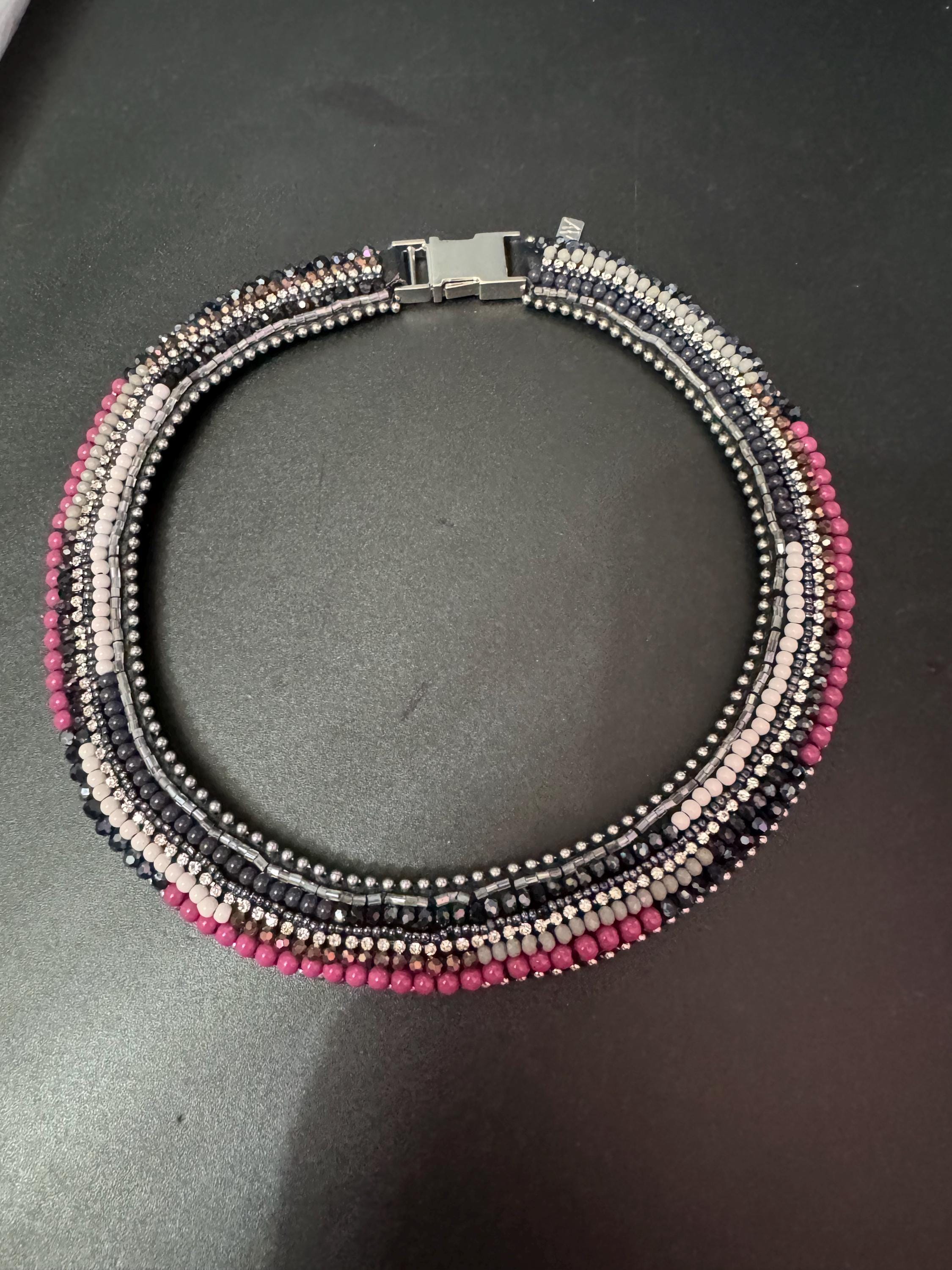 Retro black white purple and silver beaded Egyptian choker necklace with clear crystals