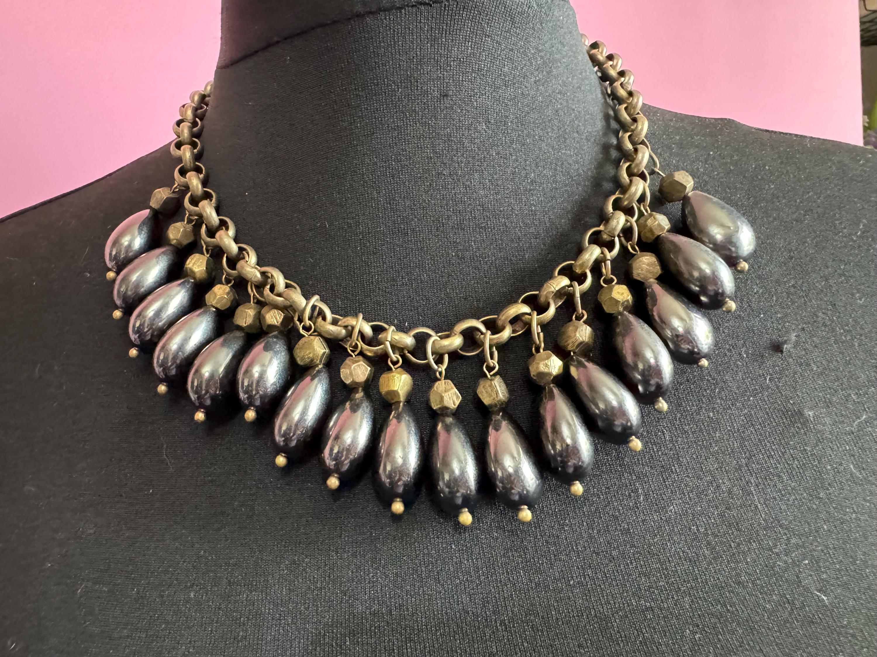 grey black pebble glass beaded runway fashion fringed collar necklace, retro