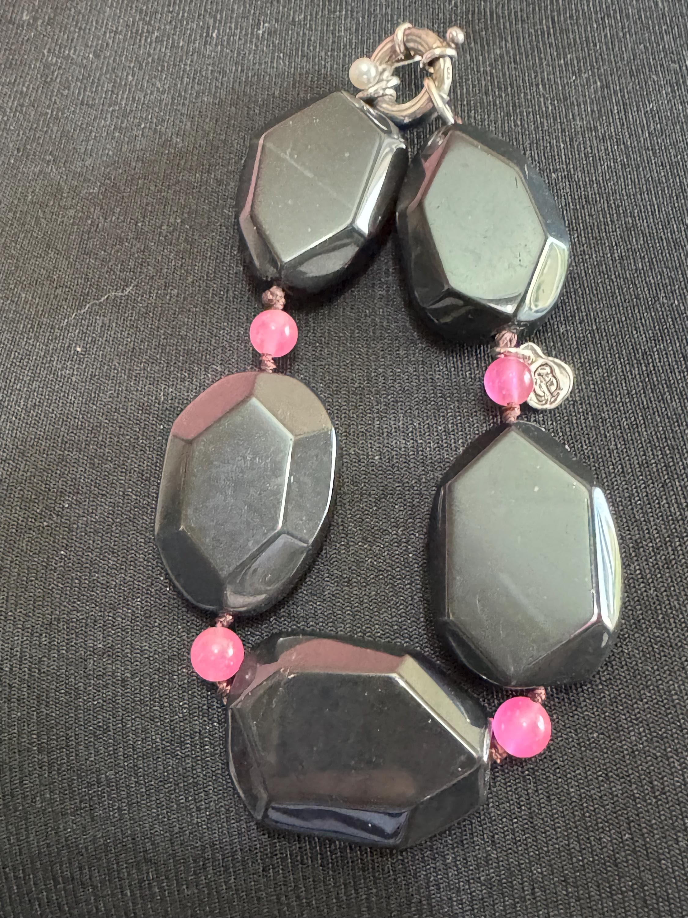 Signed Modernist Black Tourmaline & Pink Gemstone 925 Silver Necklace Bracelet Set