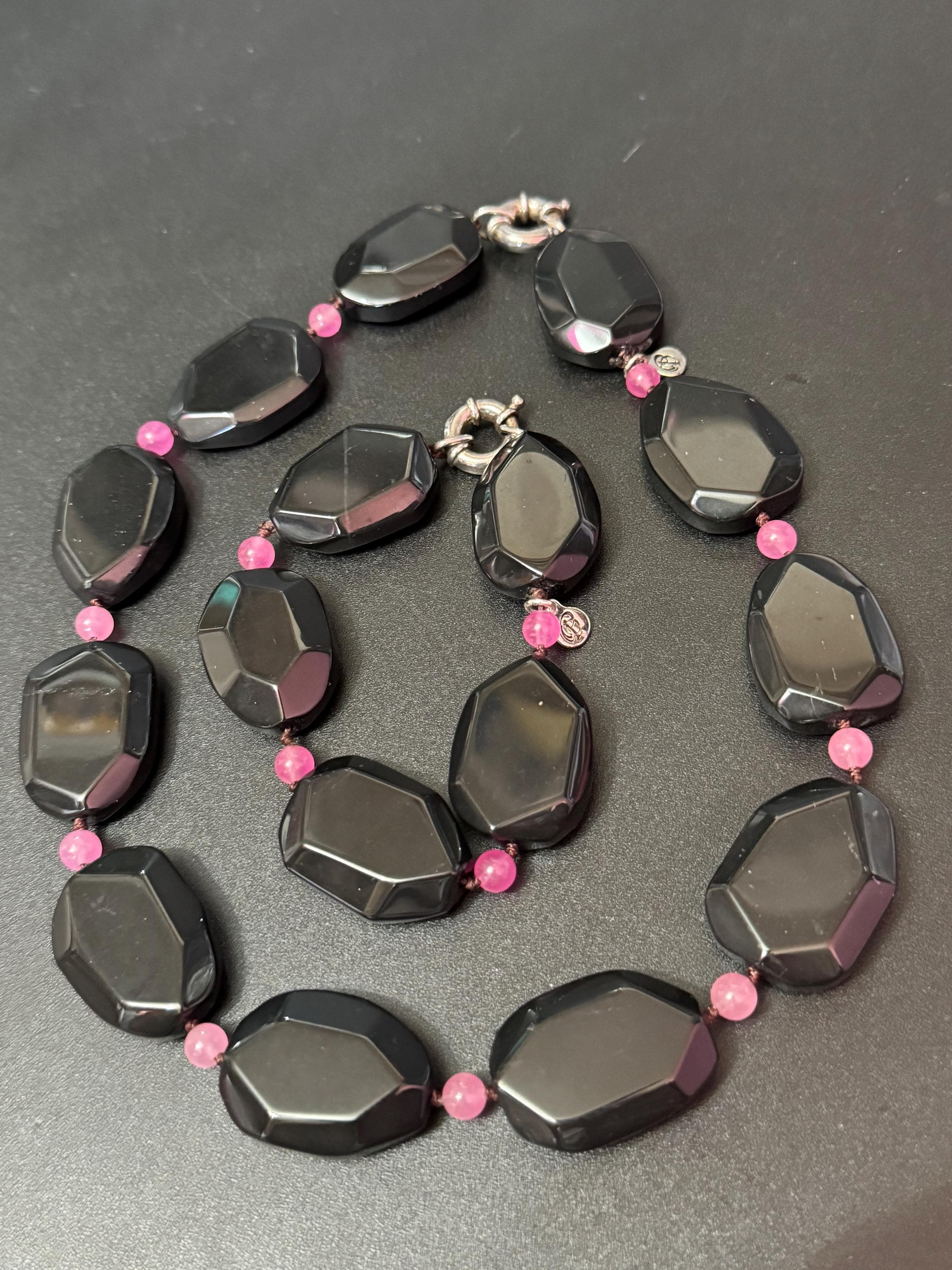Signed Modernist Black Tourmaline & Pink Gemstone 925 Silver Necklace Bracelet Set