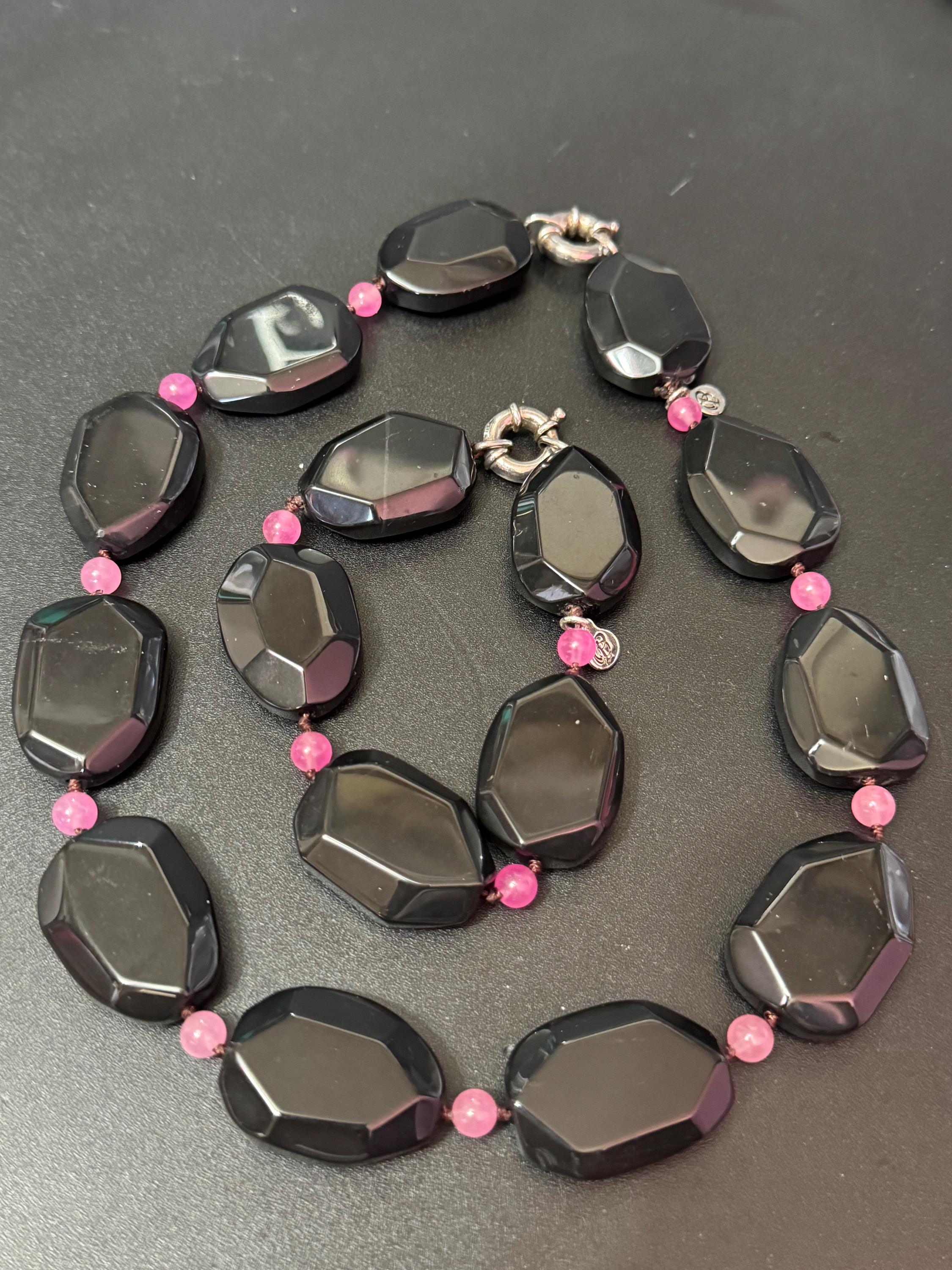 Signed Modernist Black Tourmaline & Pink Gemstone 925 Silver Necklace Bracelet Set