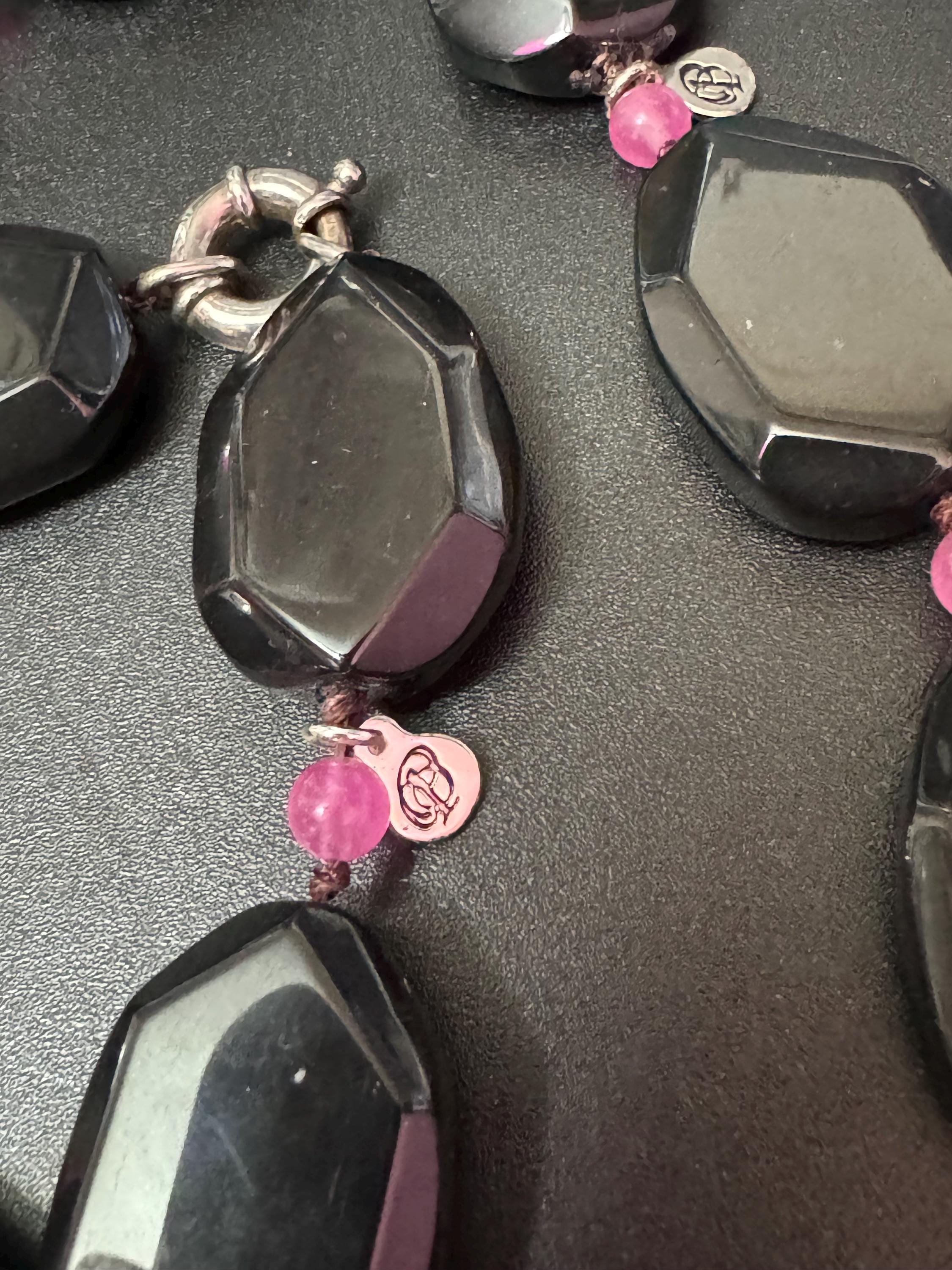 Signed Modernist Black Tourmaline & Pink Gemstone 925 Silver Necklace Bracelet Set