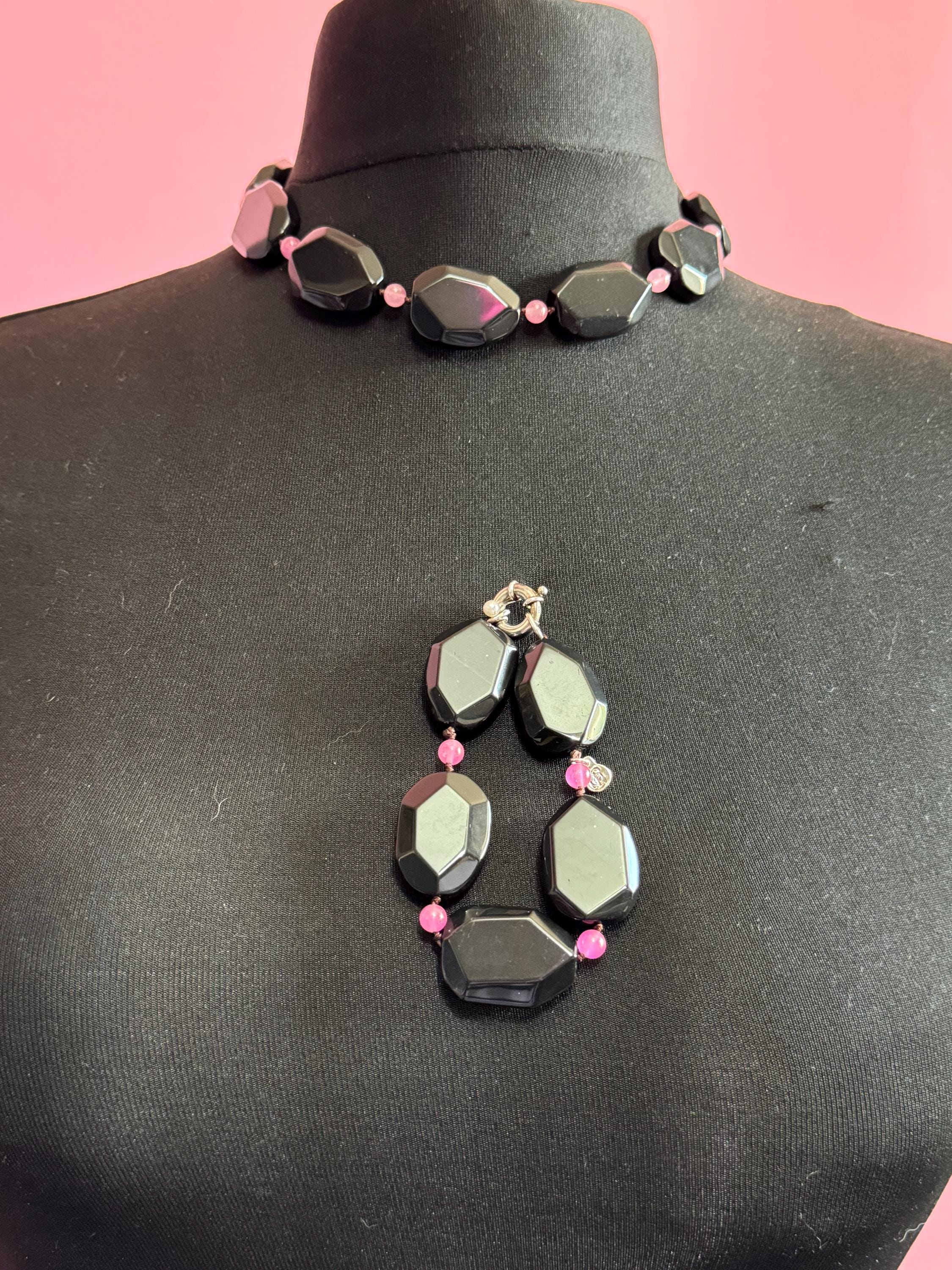 Signed Modernist Black Tourmaline & Pink Gemstone 925 Silver Necklace Bracelet Set