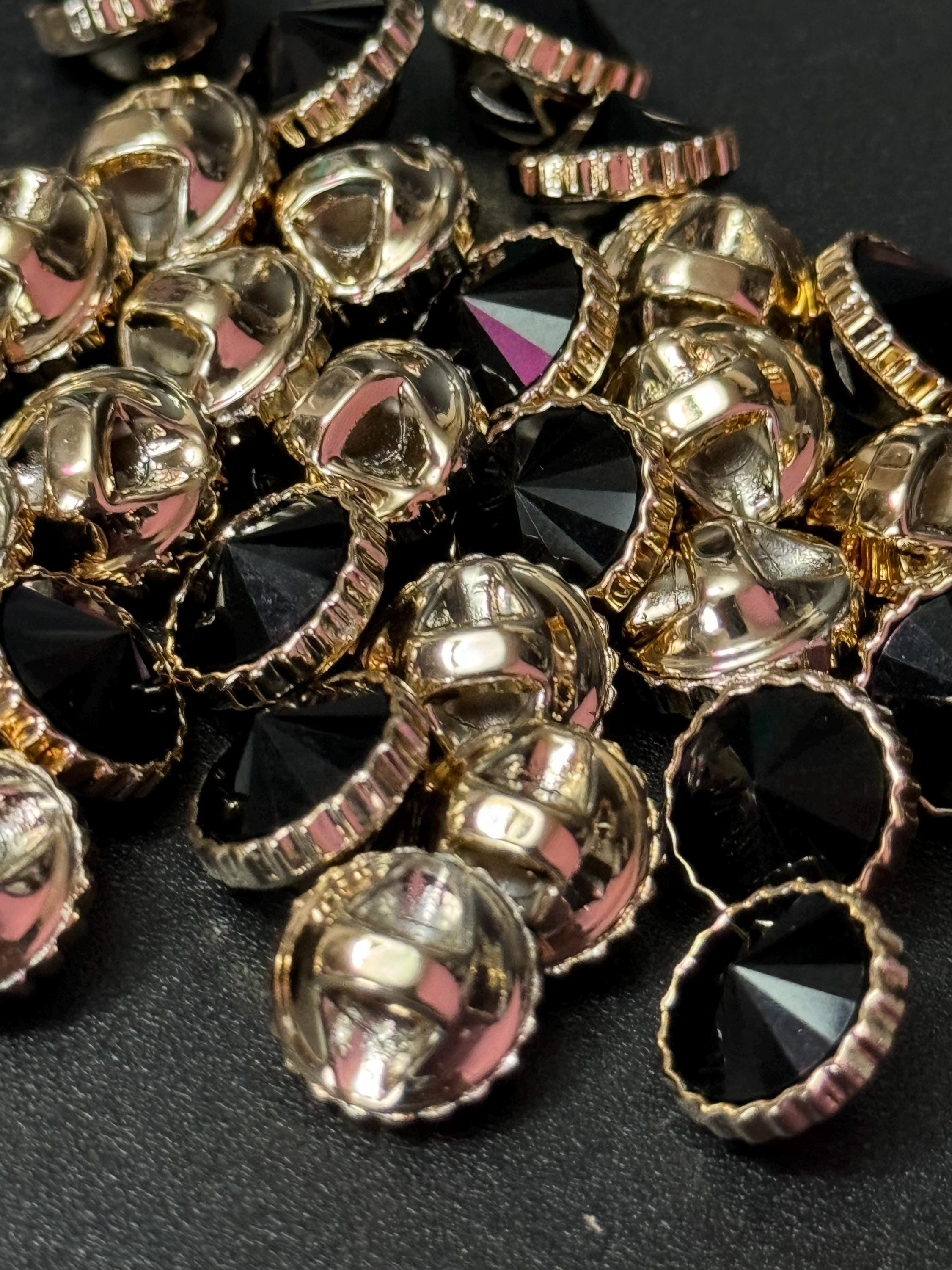 Black Rivoli Diamond Buttons: Acrylic Crystal with Gold Casings (12mm, Pack of 10)