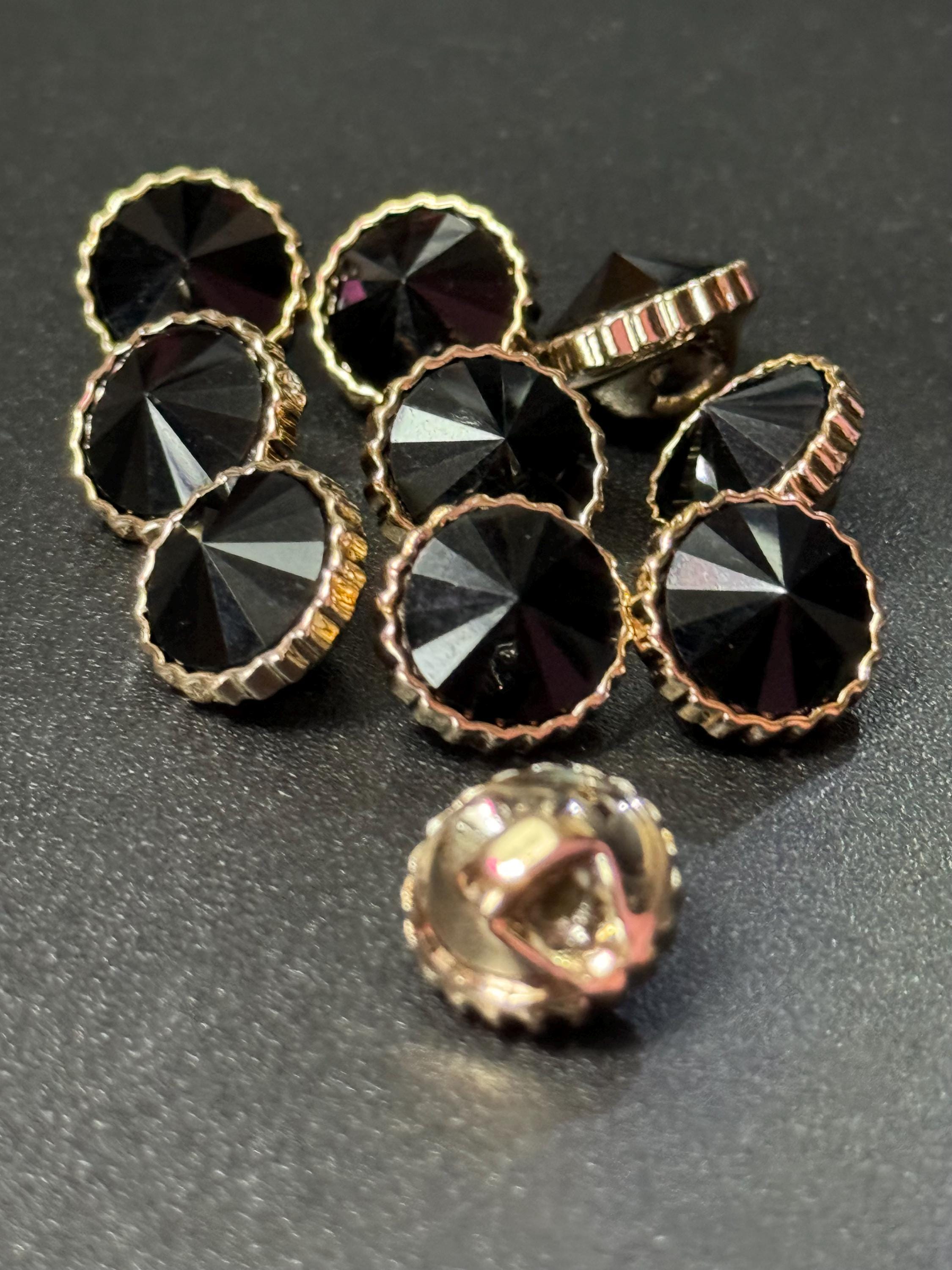 Black Rivoli Diamond Buttons: Acrylic Crystal with Gold Casings (12mm, Pack of 10)