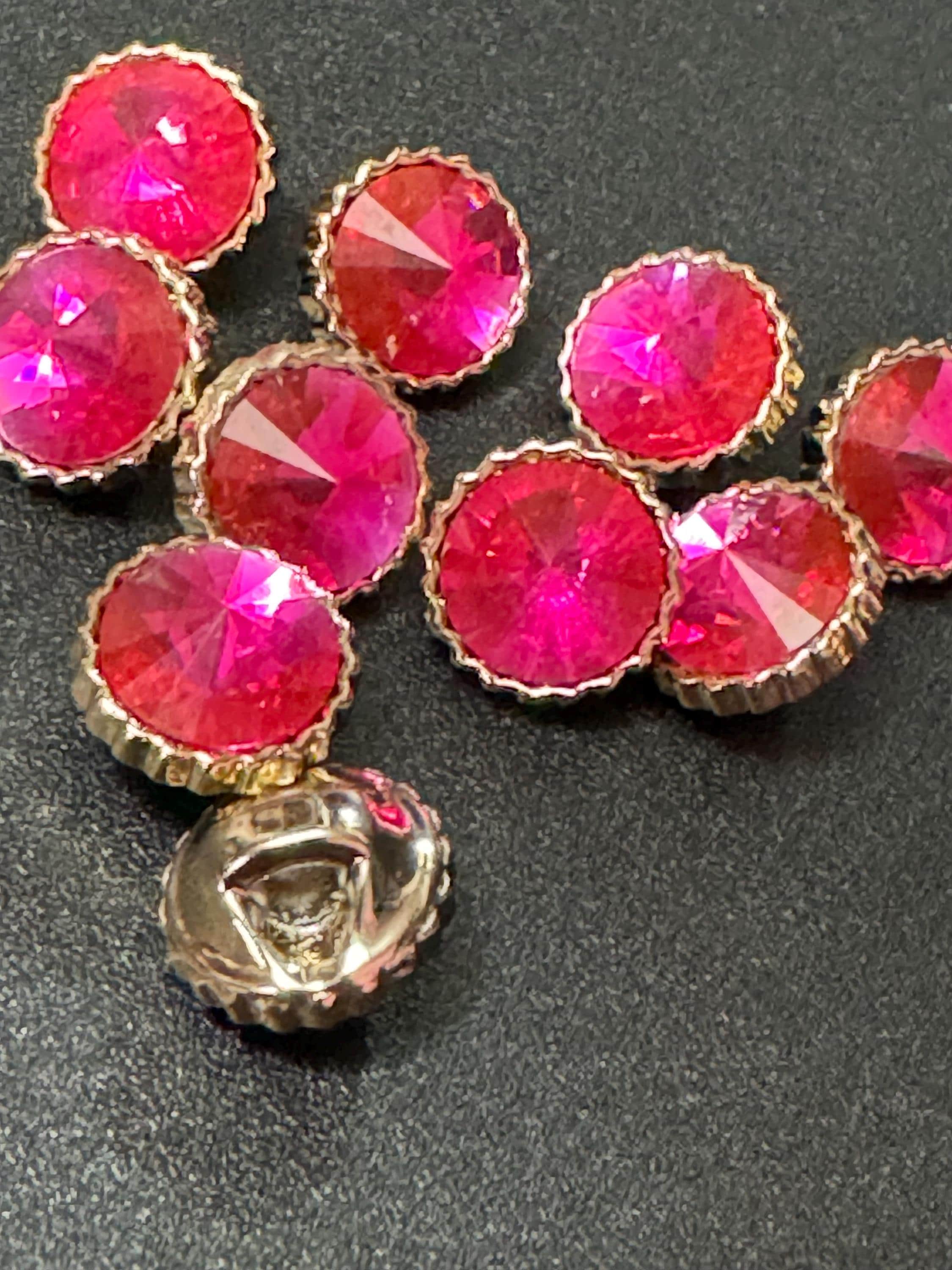 10 pack bright pink Rivoli diamond acrylic crystal plastic buttons, 12mm, gold tone