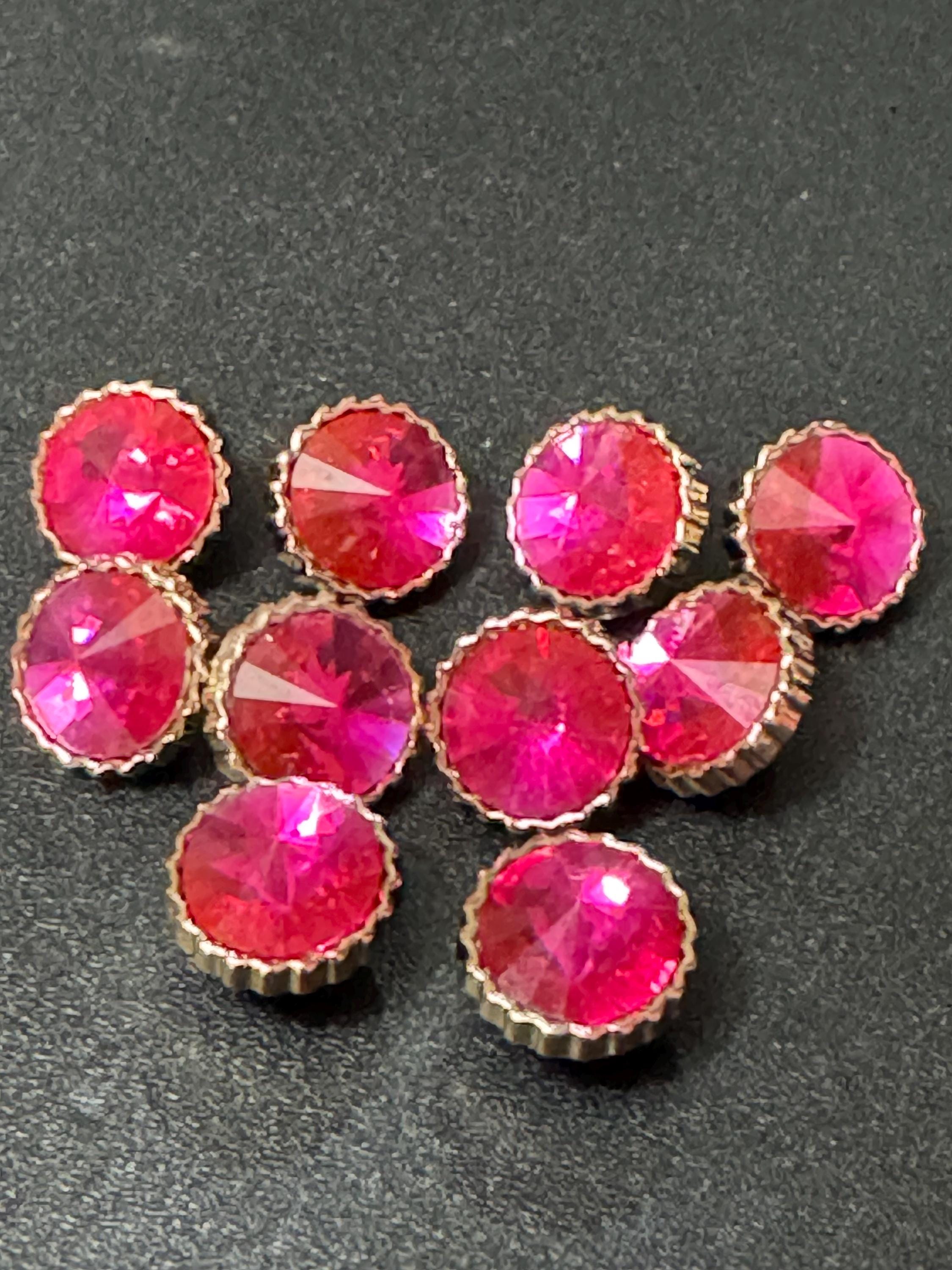 10 pack bright pink Rivoli diamond acrylic crystal plastic buttons, 12mm, gold tone