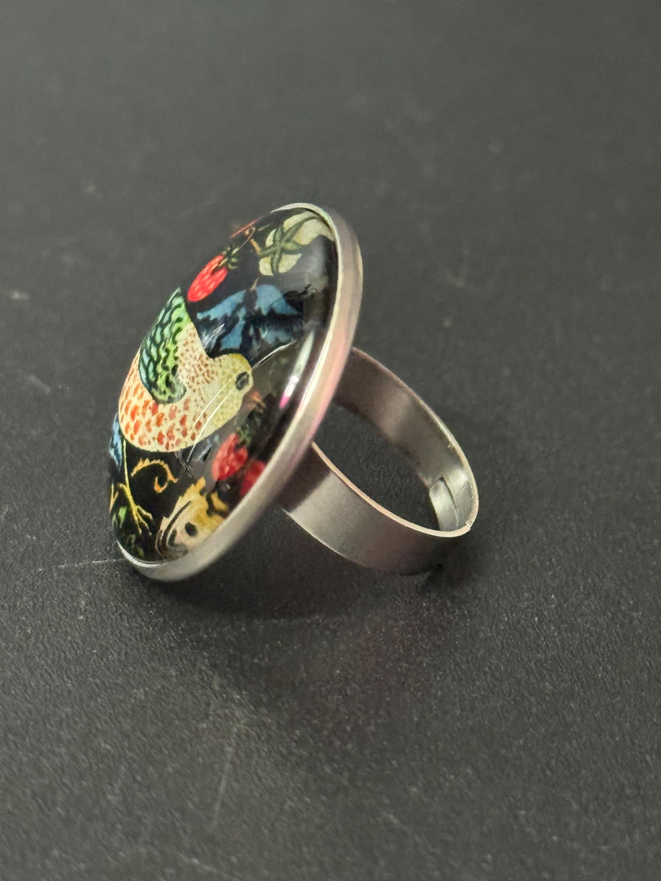 Oversized Strawberry thief William morris print ring stainless steel glass cabochon adjustable
