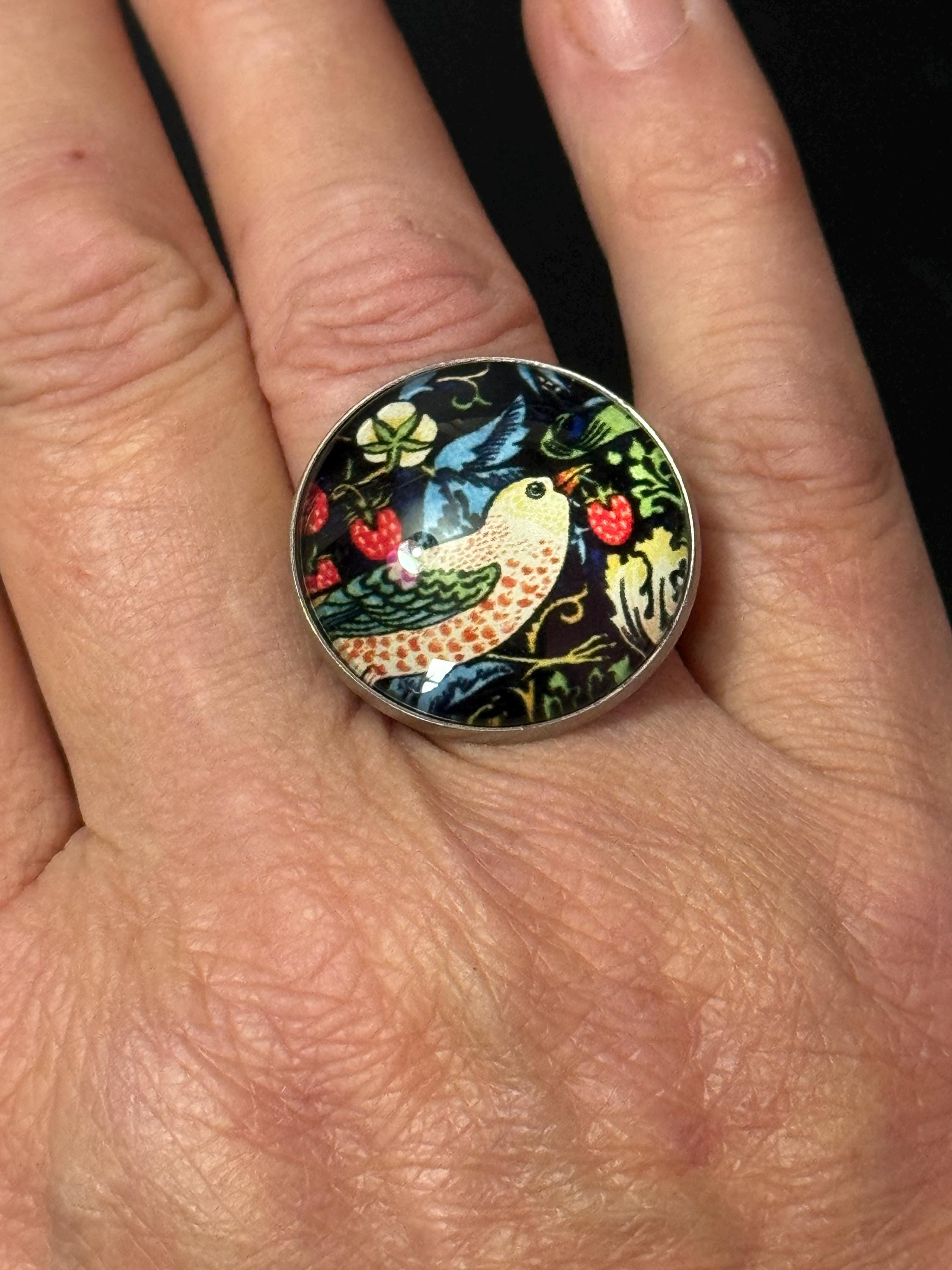 Oversized Strawberry thief William morris print ring stainless steel glass cabochon adjustable