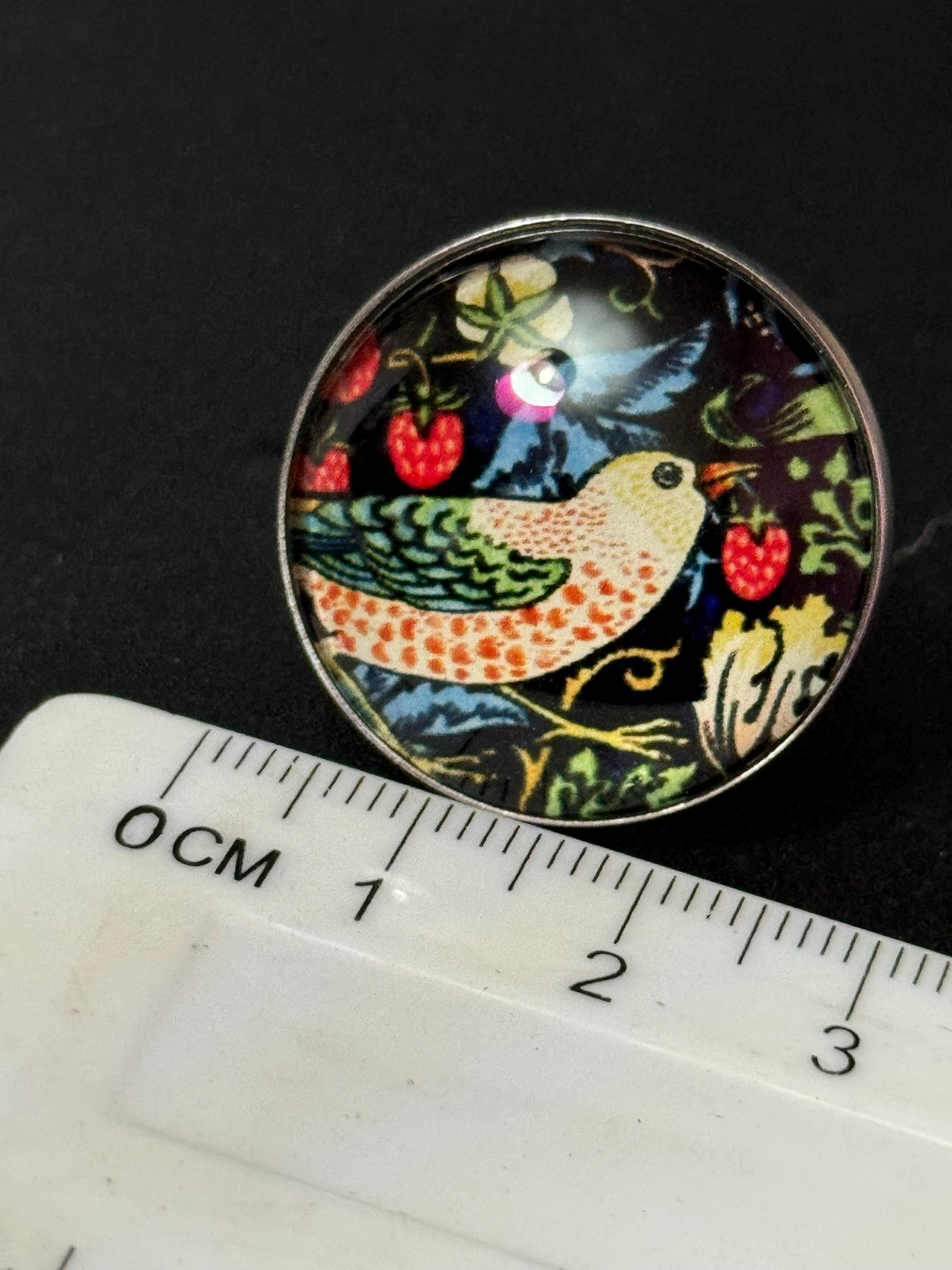Oversized Strawberry thief William morris print ring stainless steel glass cabochon adjustable