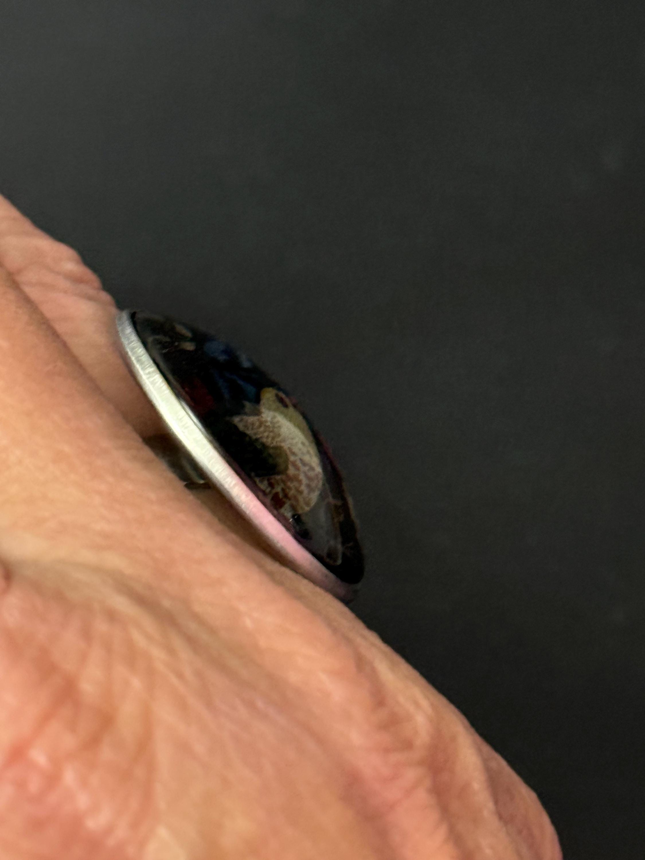 Oversized Strawberry thief William morris print ring stainless steel glass cabochon adjustable