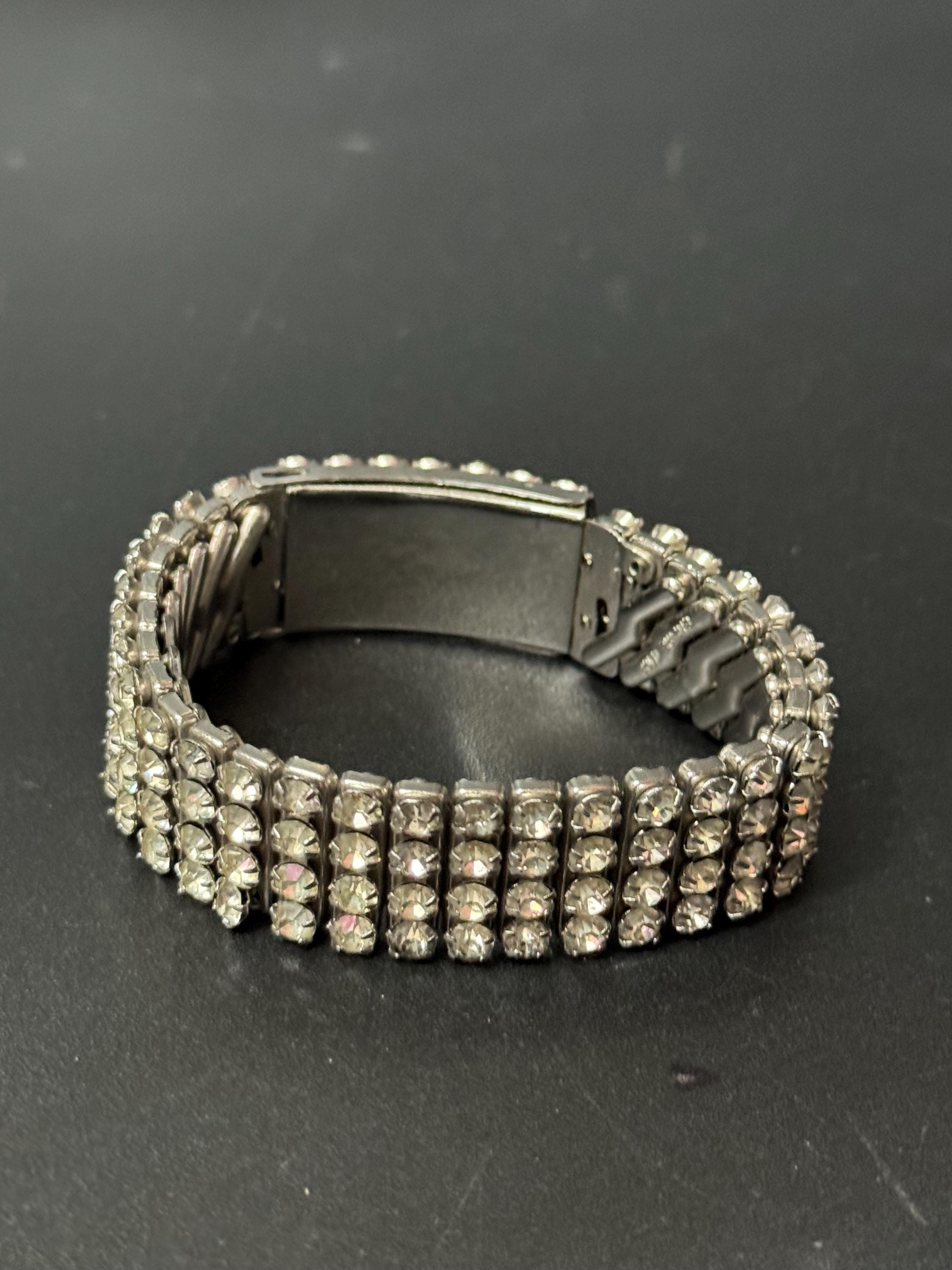 Secret photo locket 1950s Vintage chrome clear glass paste expandable bracelet