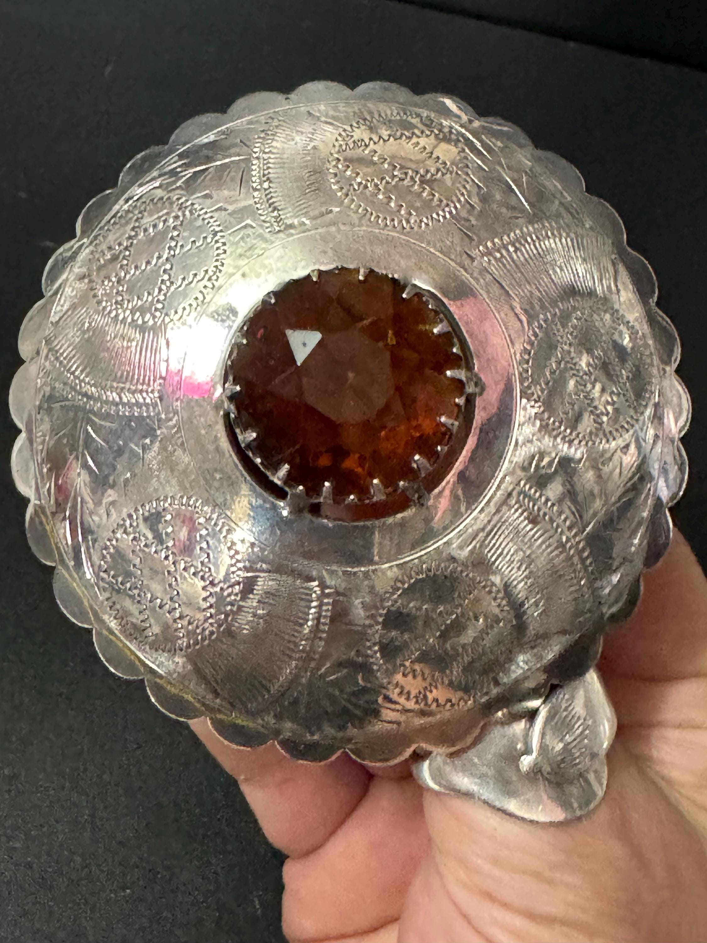 Huge celtic silver plated brown cognac glass brooch ideal for a cloak or winter coat