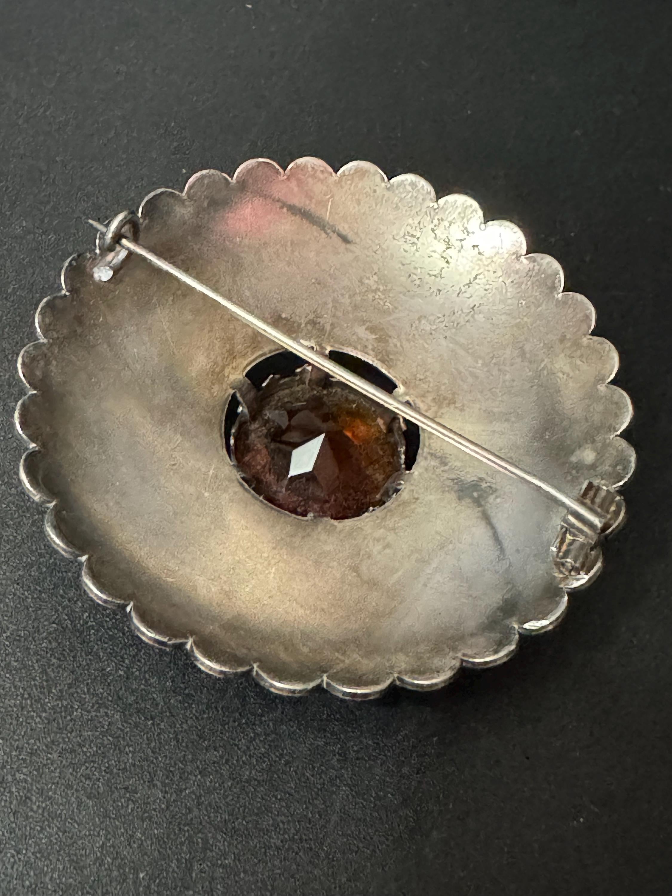 Huge celtic silver plated brown cognac glass brooch ideal for a cloak or winter coat