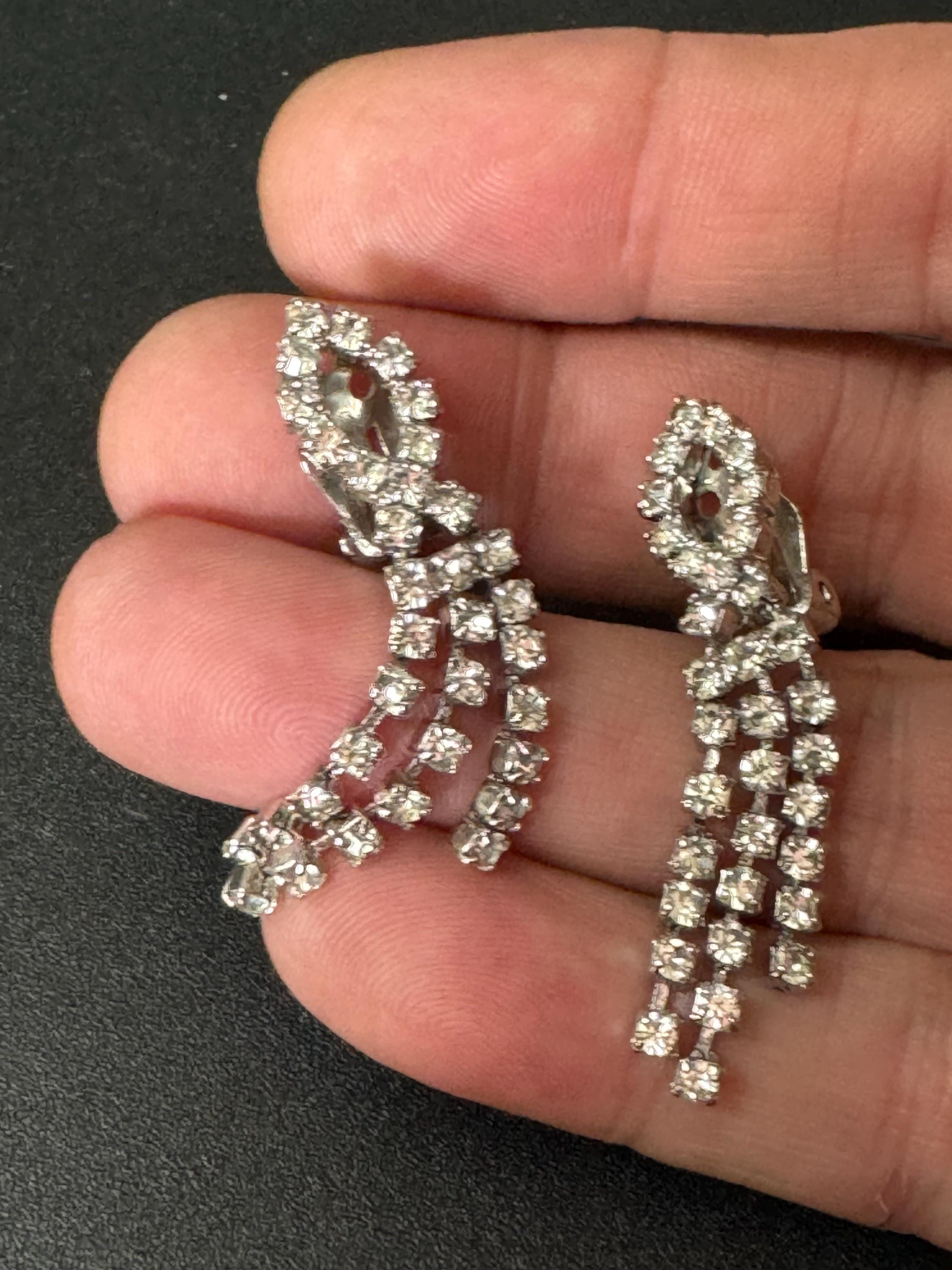 Vintage clear Diamanté Paste long Clip On Drop Earrings