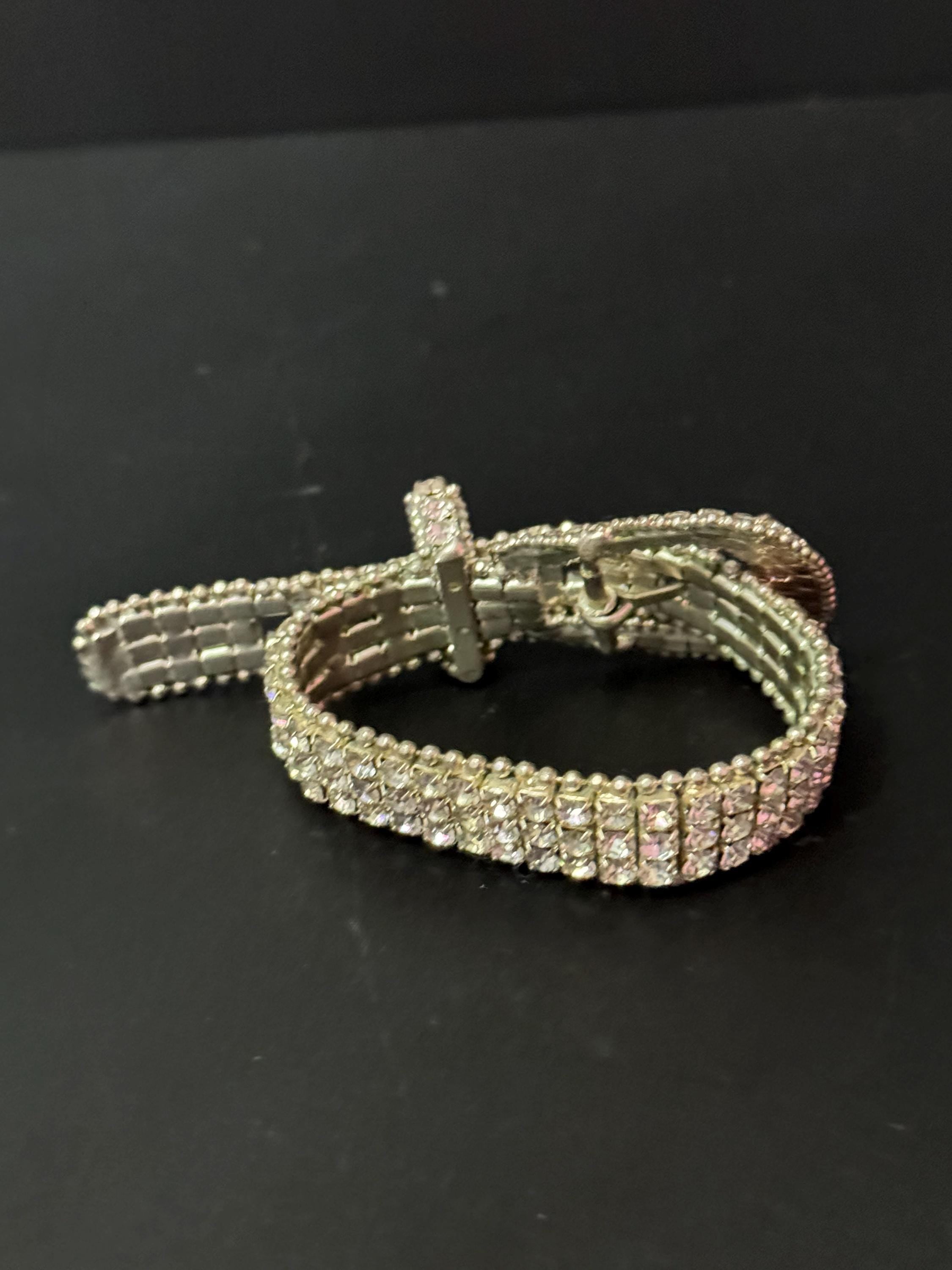 Vintage clear diamante rhinestone wide link belt buckle bracelet adjustable