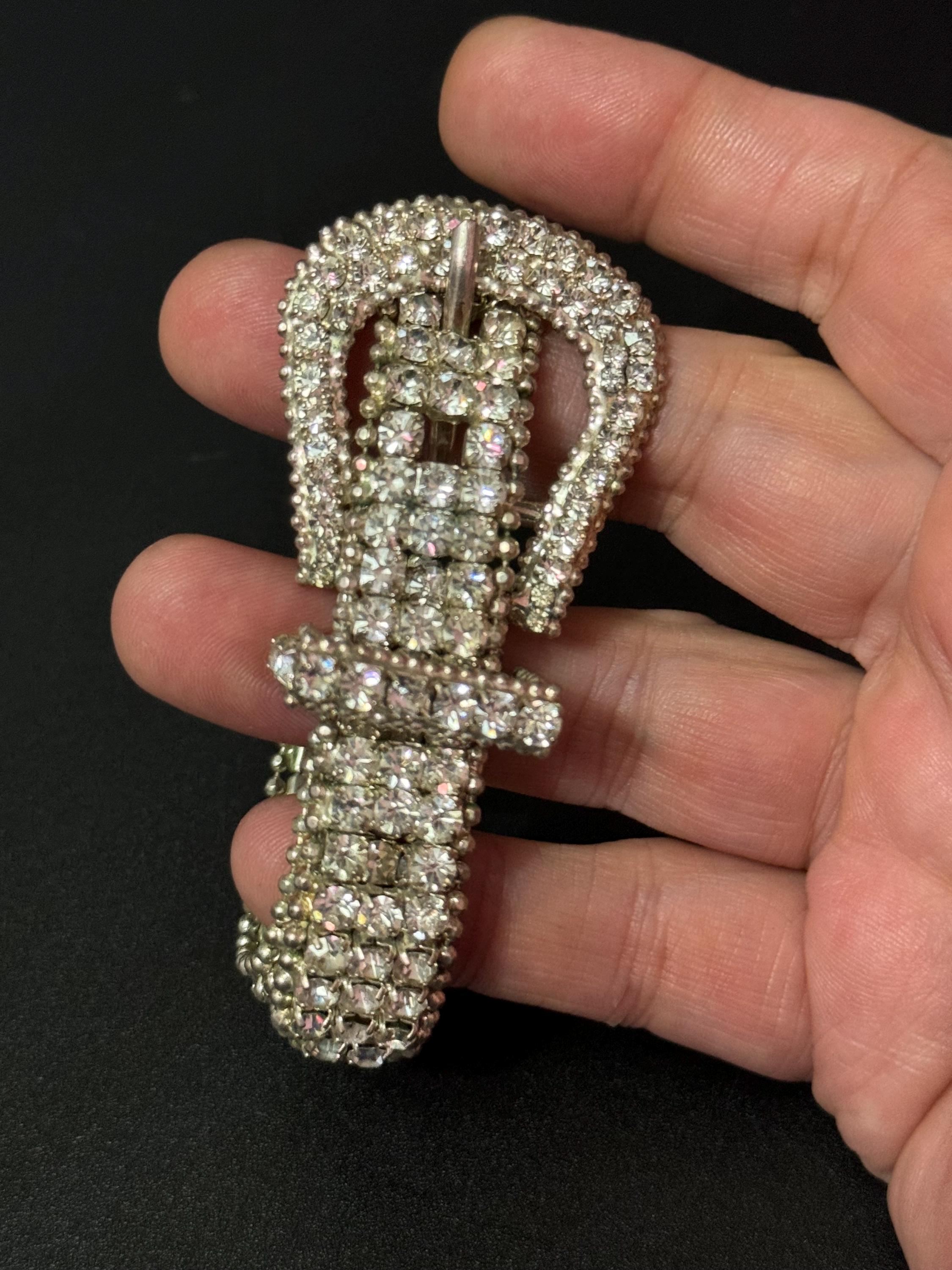 Vintage clear diamante rhinestone wide link belt buckle bracelet adjustable