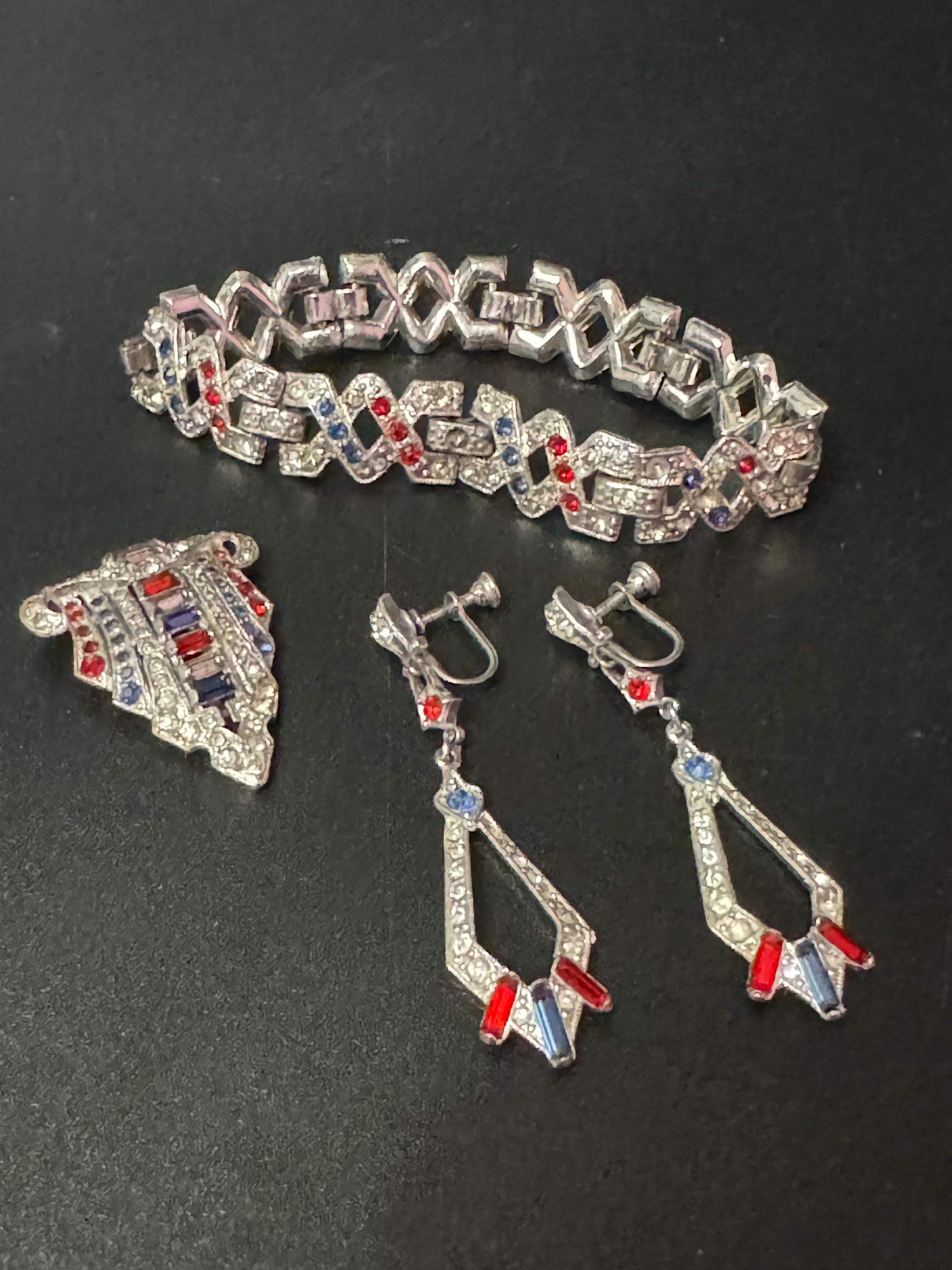 Vintage Rhinestone Jewelry Set: Patriotic Red White Blue Diamanté