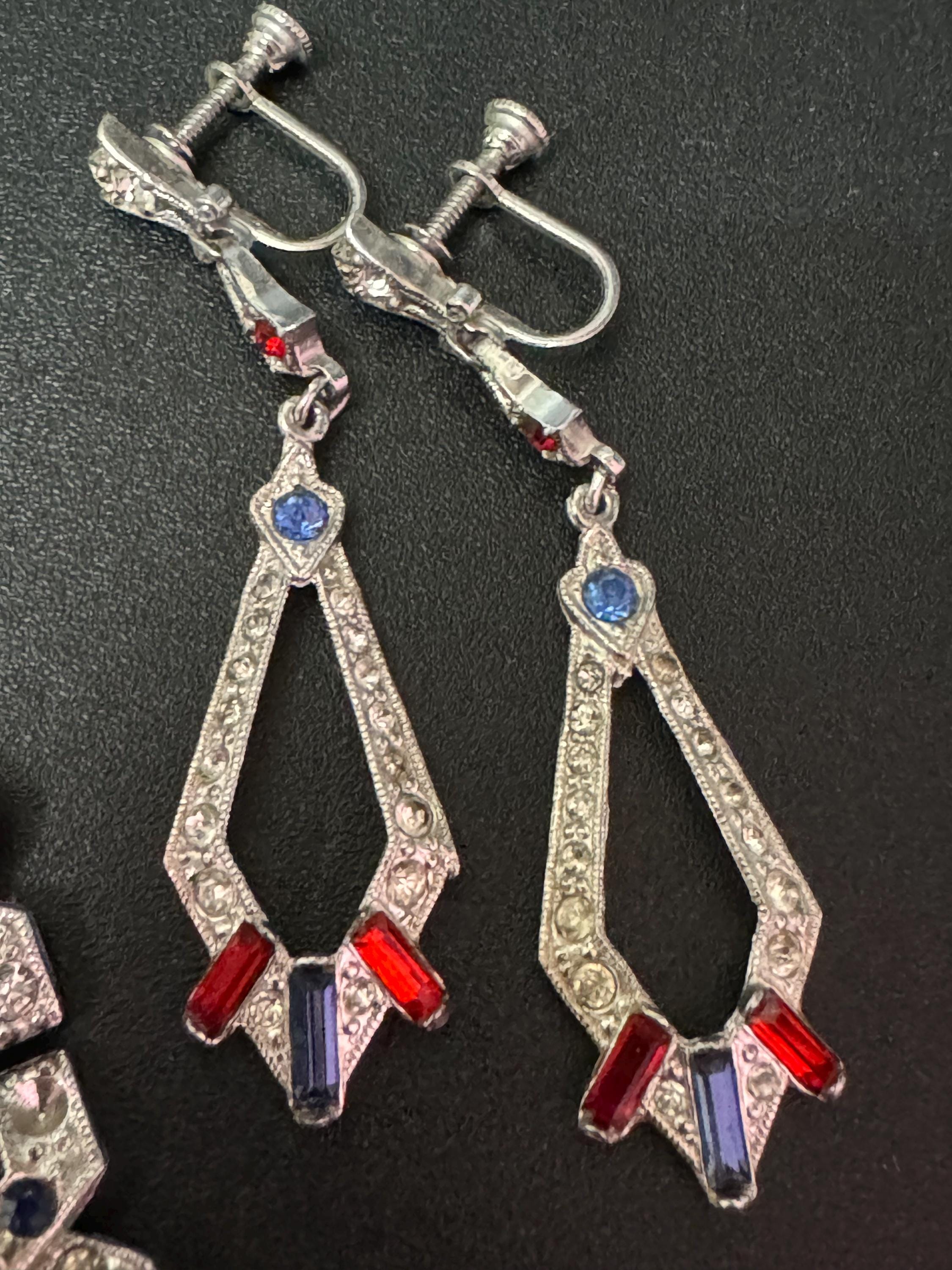 Vintage Rhinestone Jewelry Set: Patriotic Red White Blue Diamanté