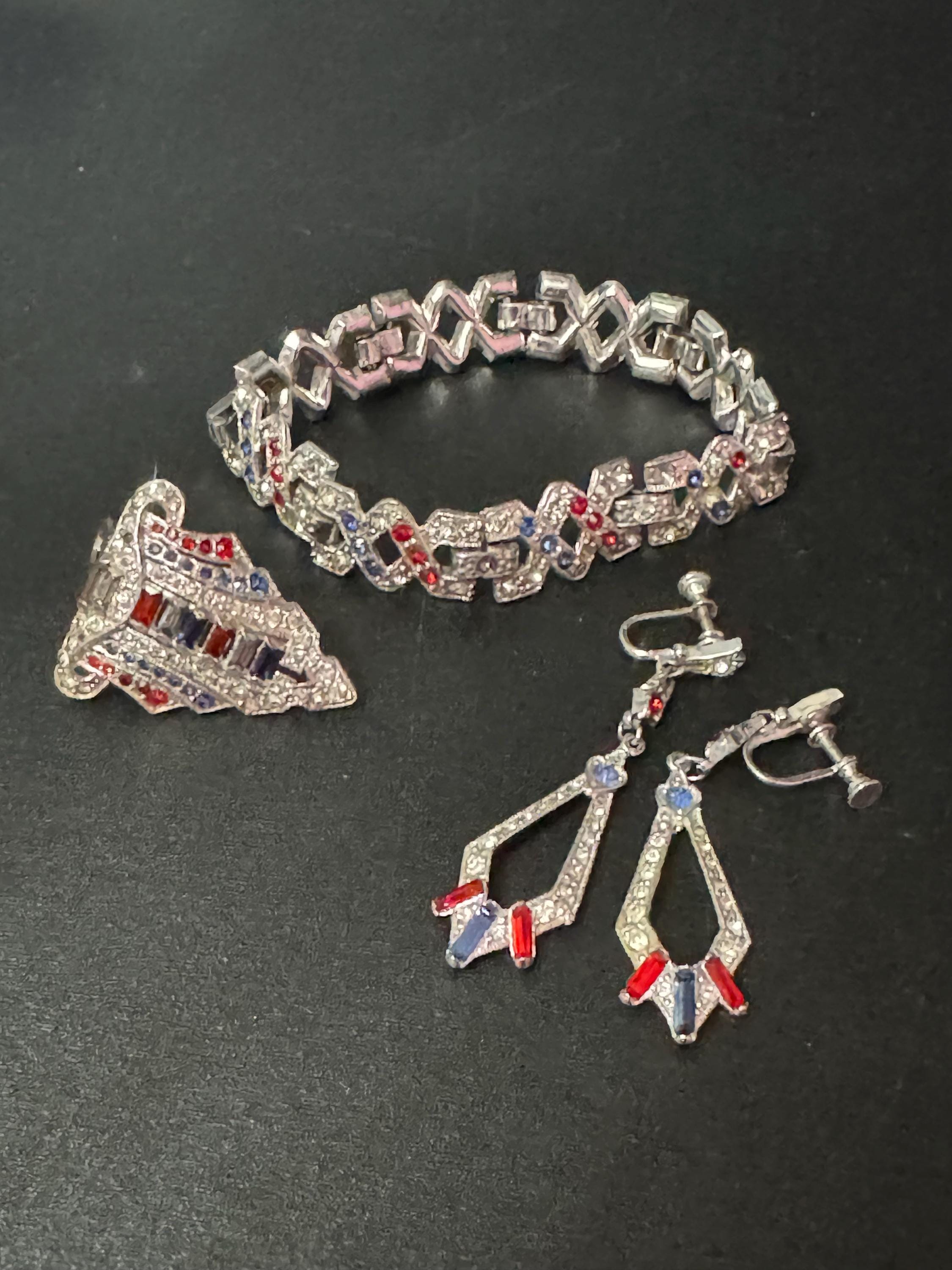 Vintage Rhinestone Jewelry Set: Patriotic Red White Blue Diamanté