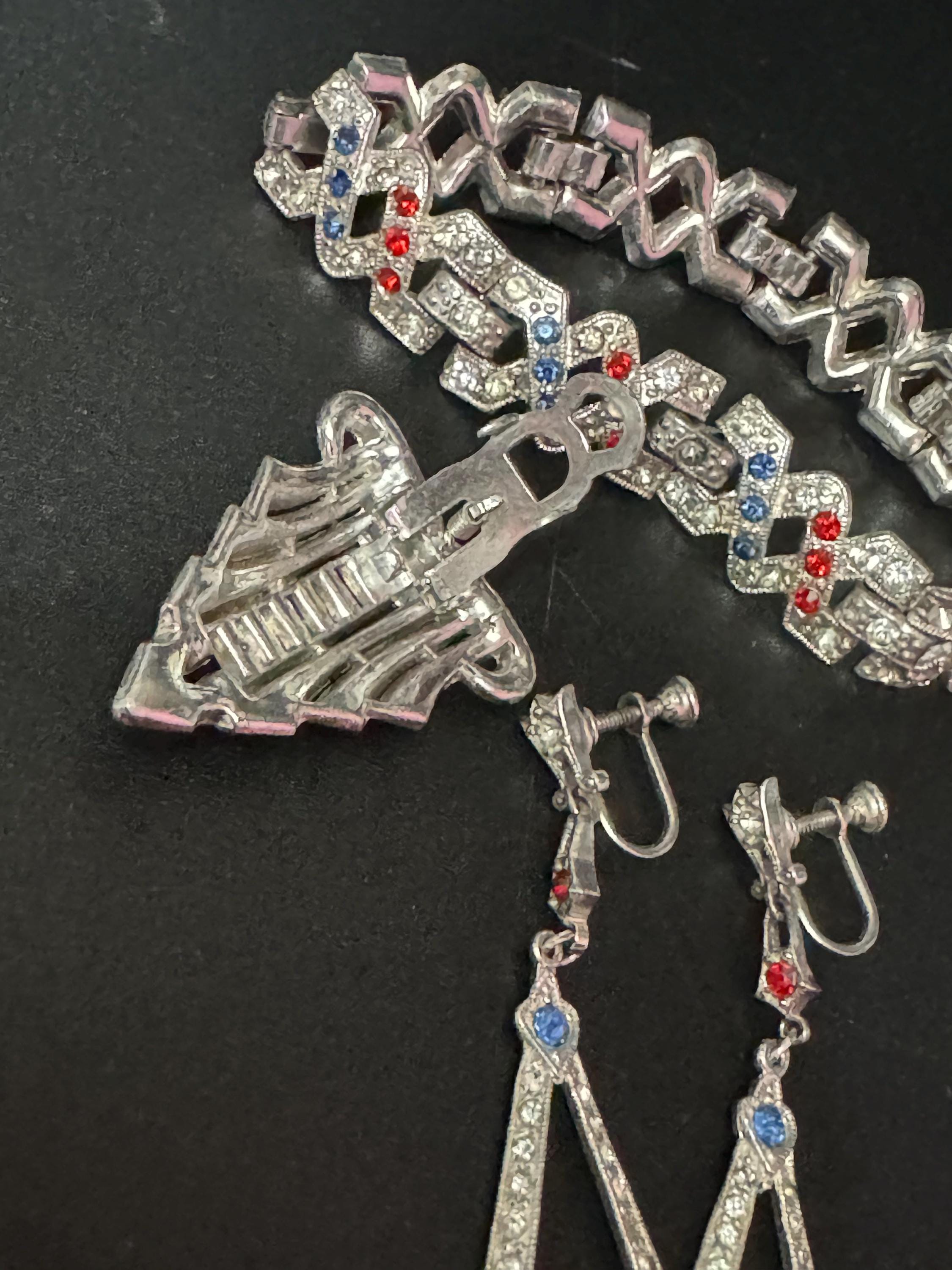 Vintage Rhinestone Jewelry Set: Patriotic Red White Blue Diamanté