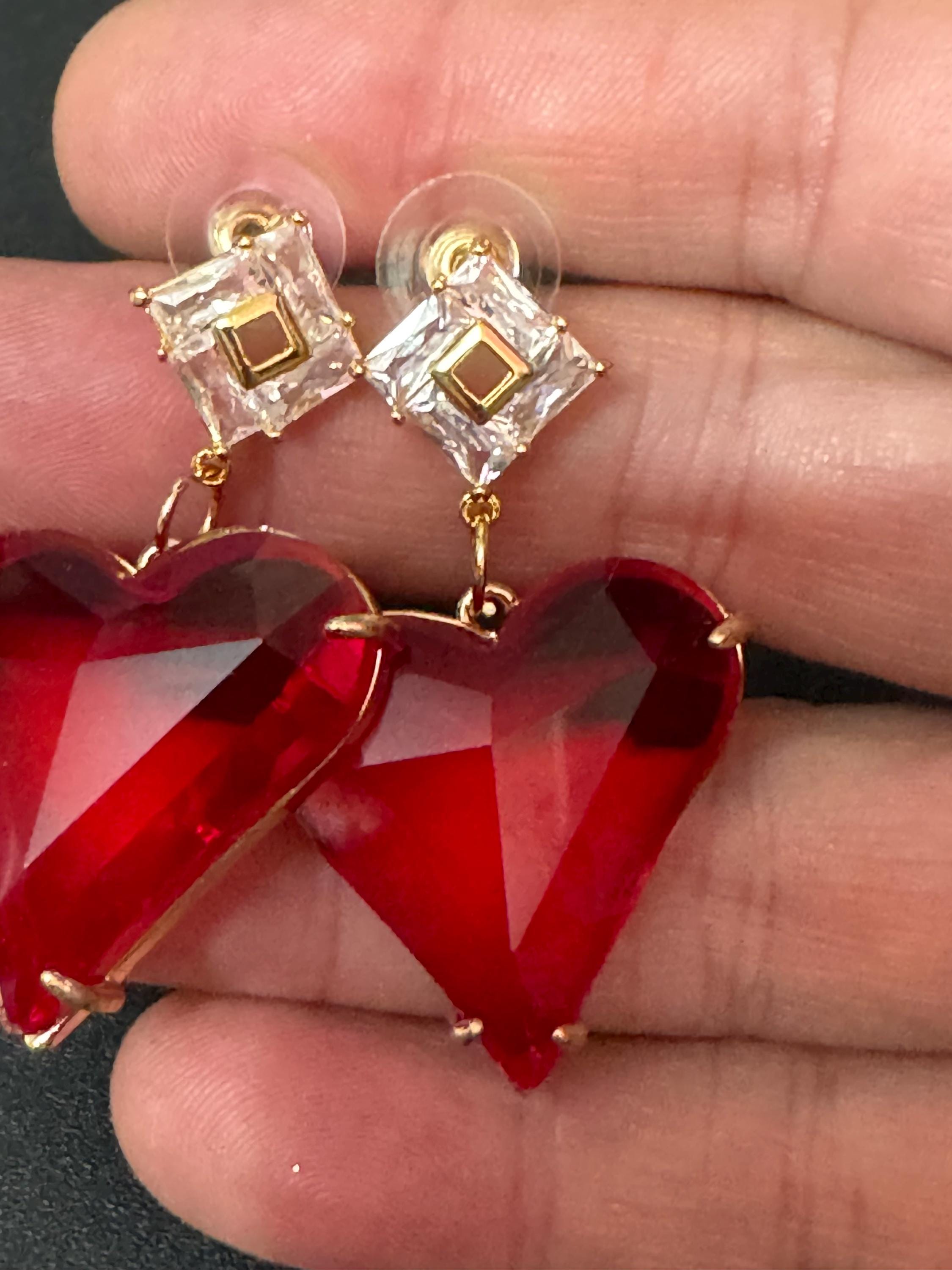 18k gold plated bright red glass love heart crystal drop charm earrings