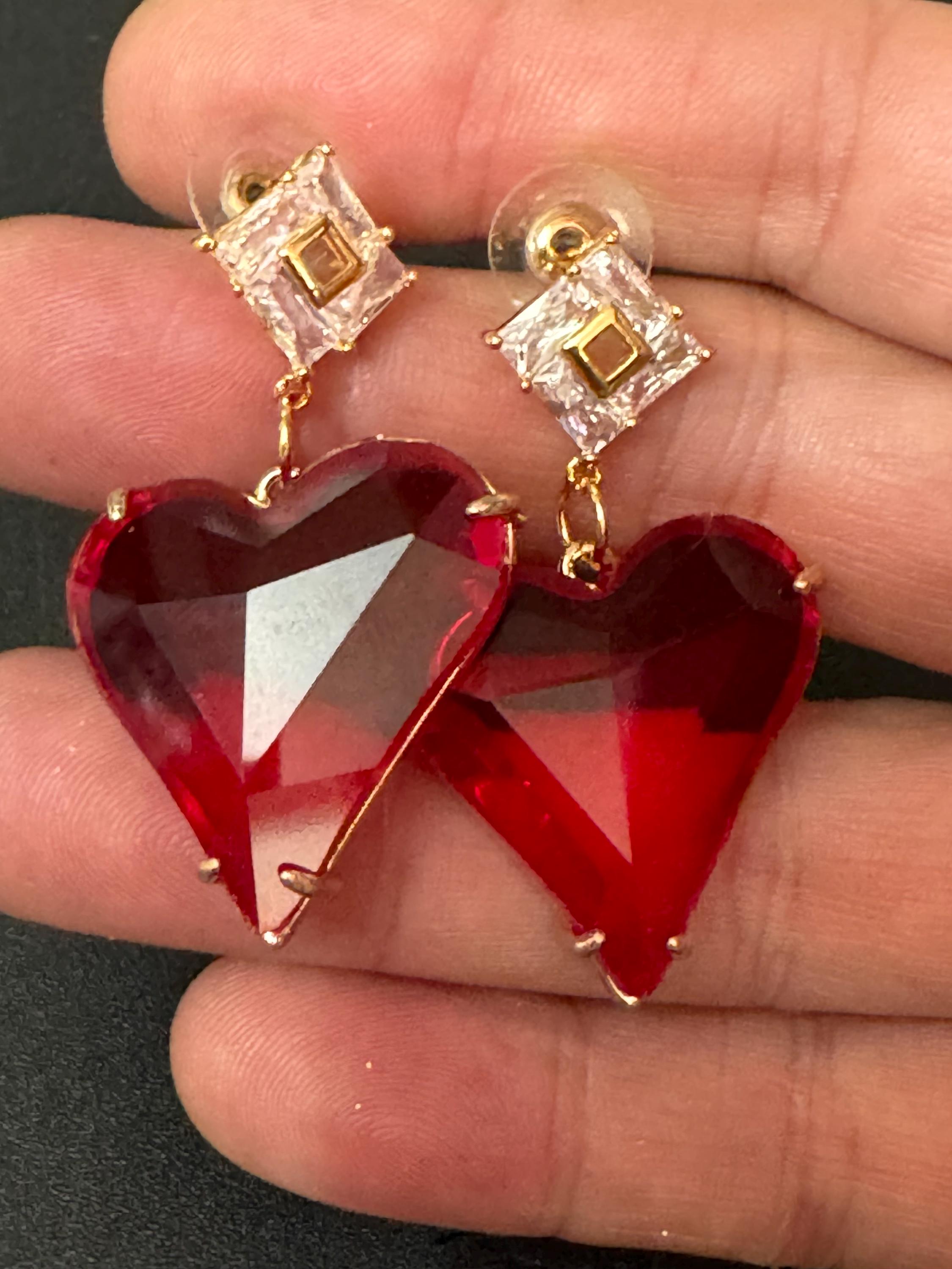 18k gold plated bright red glass love heart crystal drop charm earrings