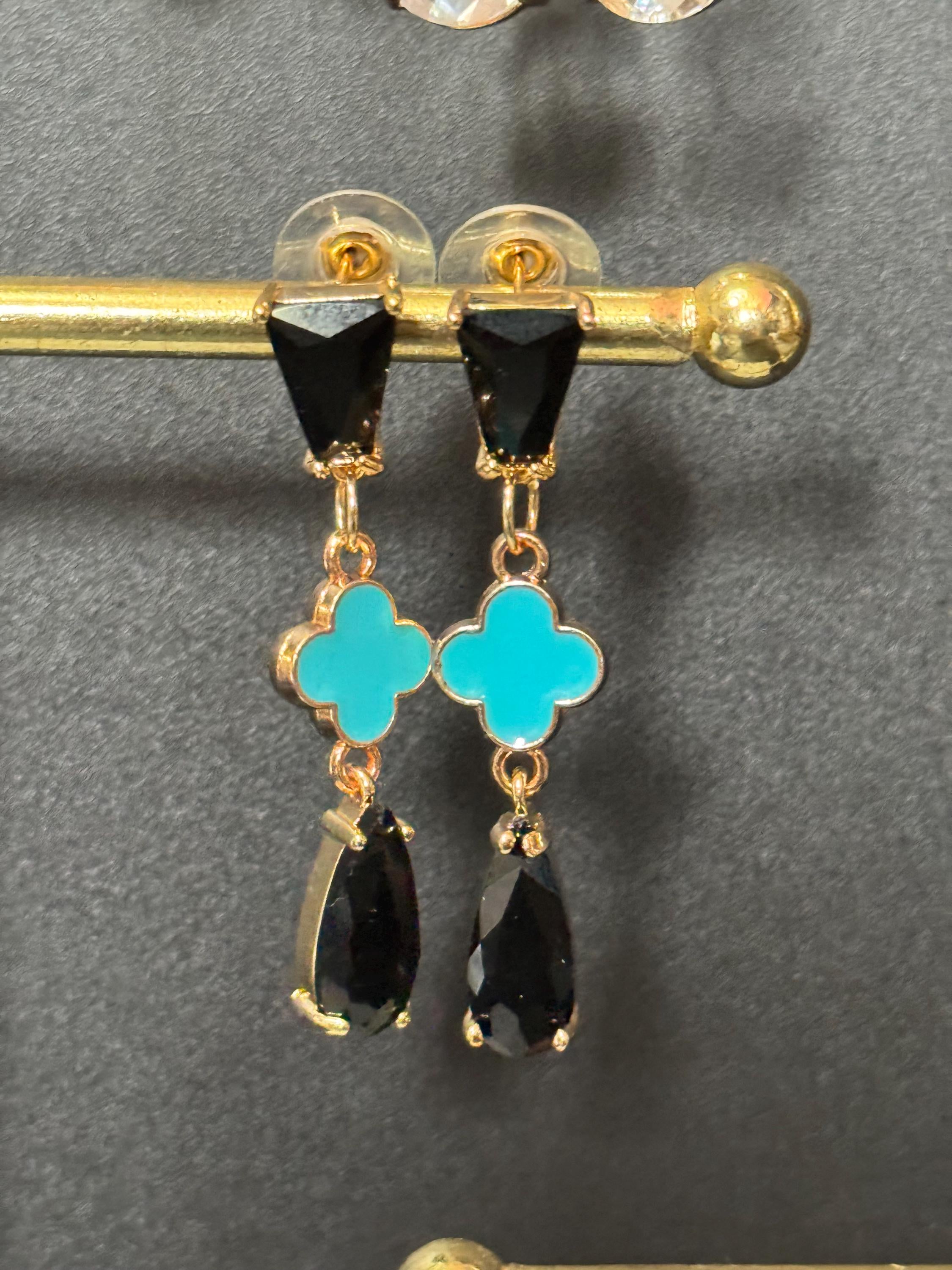 black crystal turquoise clover earrings, 18k Gold plated