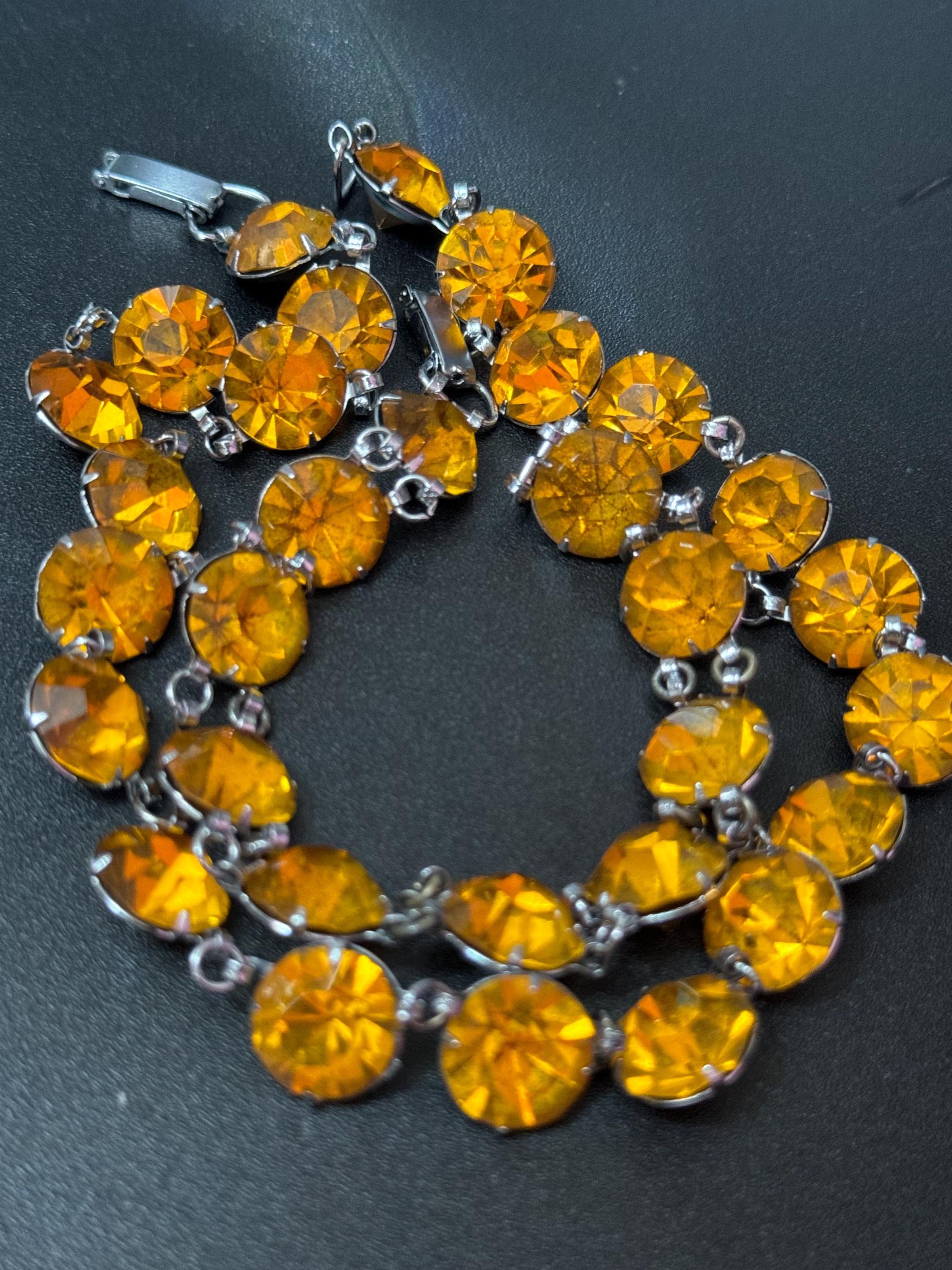 Petite fit neck 35.5cm Vintage citrine orange Glass silver tone open back crystal Necklace and matching bracelet set