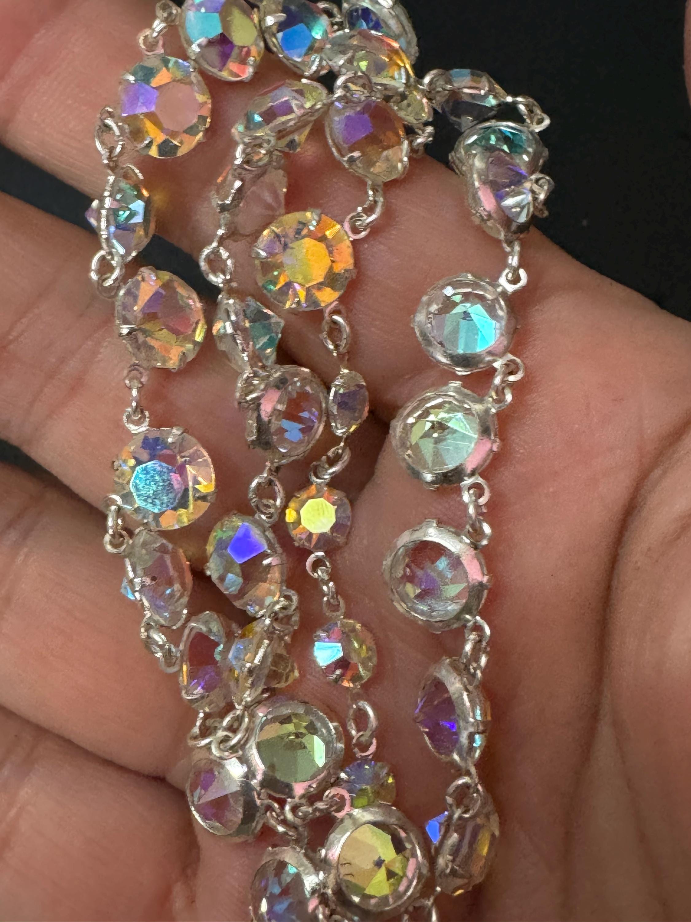 Vintage AB Aurora borealis rainbow glass open back crystal rivière bezel set glass necklace
