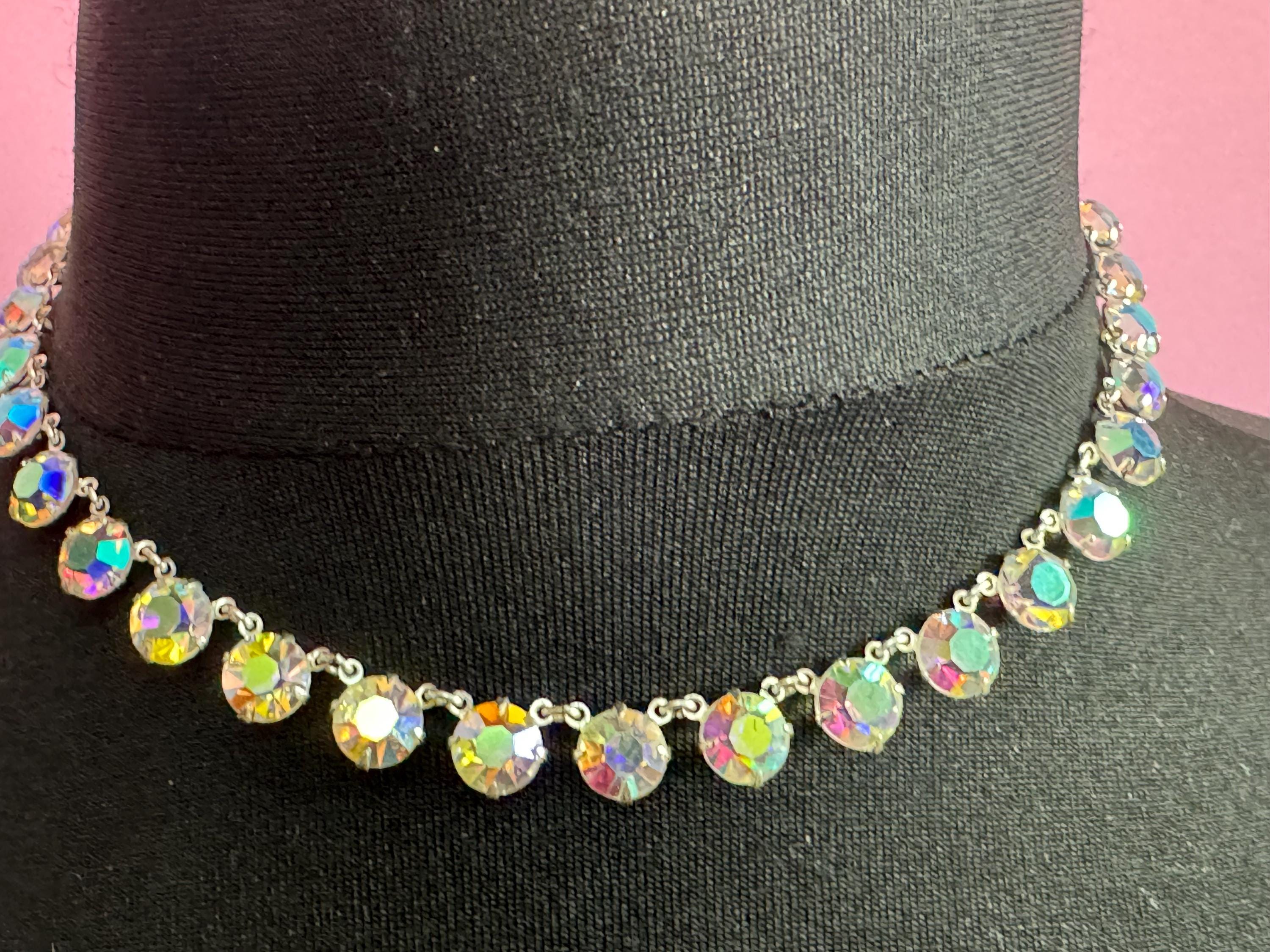 Vintage AB Aurora borealis rainbow glass open back crystal rivière bezel set glass necklace