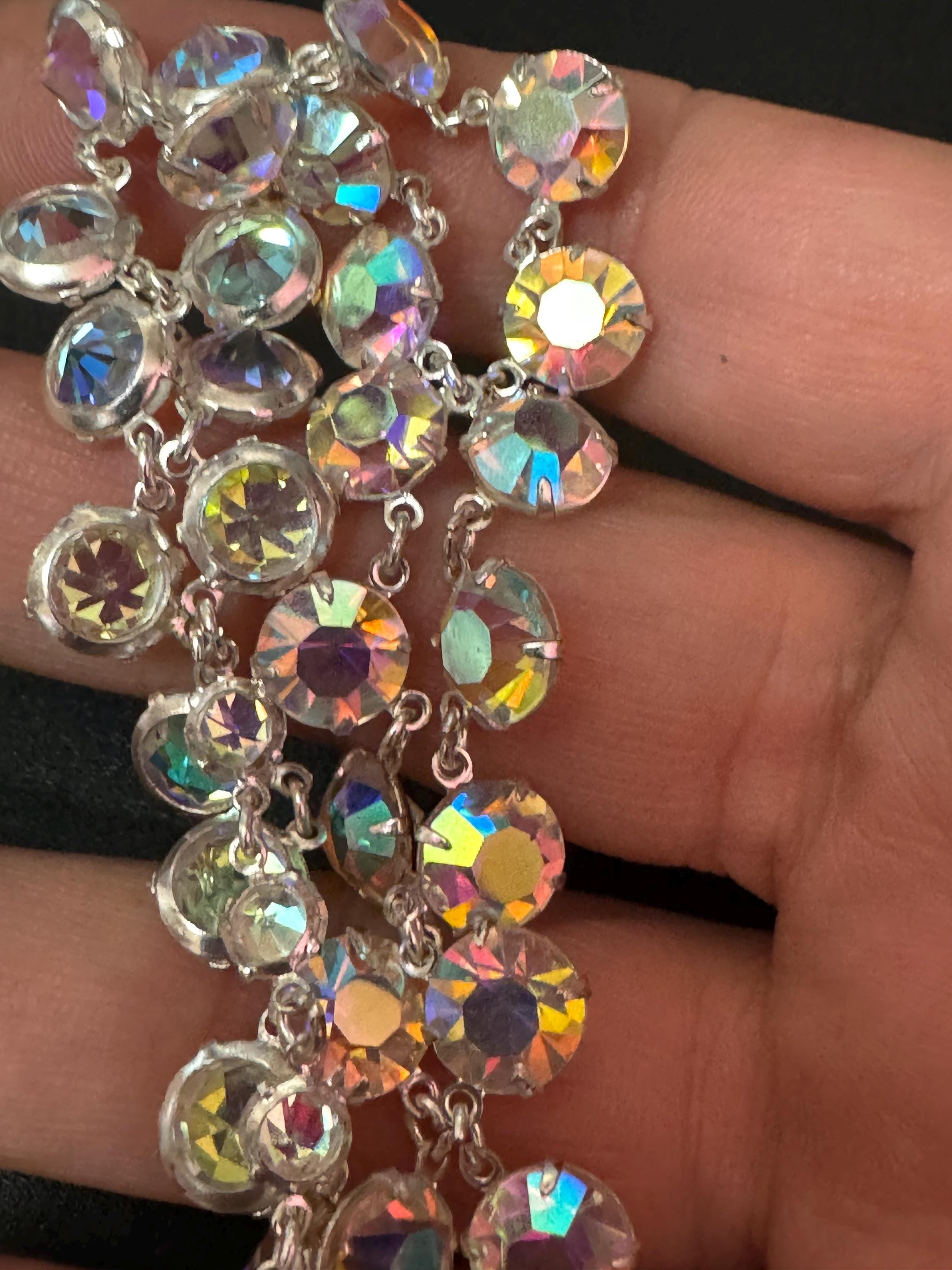 Vintage AB Aurora borealis rainbow glass open back crystal rivière bezel set glass necklace