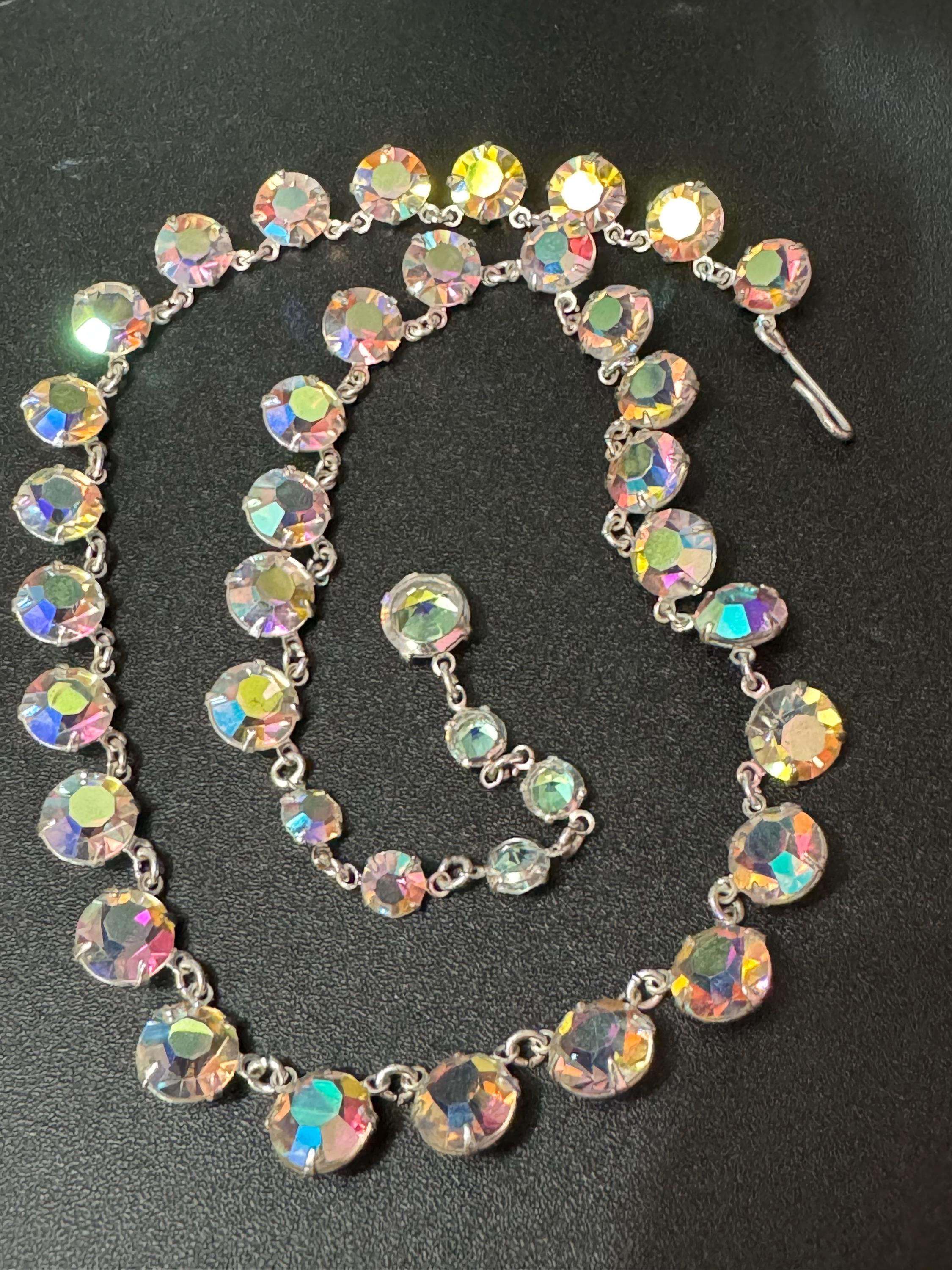 Vintage AB Aurora borealis rainbow glass open back crystal rivière bezel set glass necklace